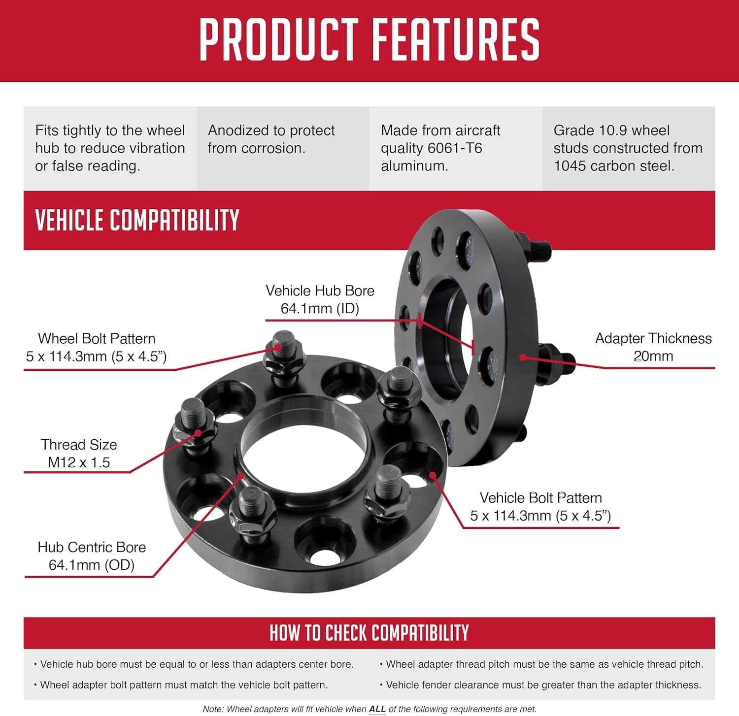 Wheel Accessories Parts 2 Pcs Hub Centric Wheel Spacers 5 on 4.50 114.3mm 20mm Thick 64.10mm Hub M12x1.5 12x1.5 Thread Stud Fits Honda ｜ Acura Passenger Cars