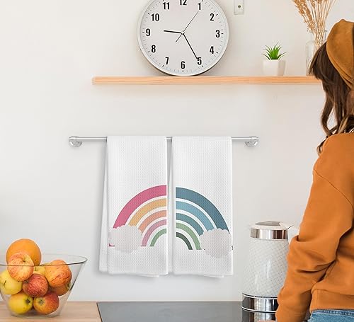 Miniatura 3 de Juego de 2 paños de cocina y paños de cocina bohemios bohemios para cuarto de bebé, color rosa y azul, con estampado de nube arcoíris y azul,