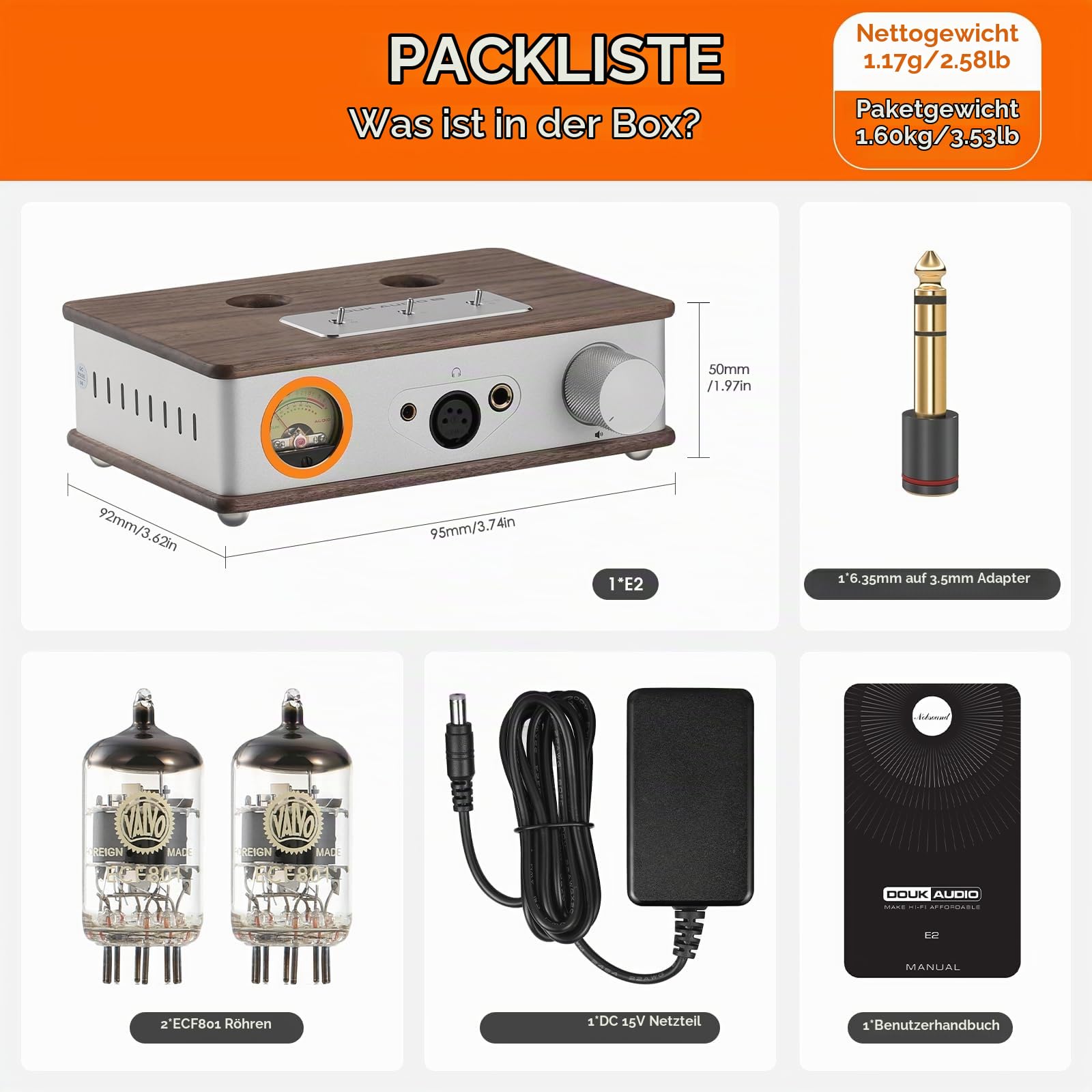 Douk E2 Röhren Kopfhörerverstärker mit XLR/4.4mm/6.35mm/ RCA Ausgänge, HiFi-Stereo Vorverstärker mit VU-Messgerät für Kopfhörer, Heim-Verstärker, Aktive Lautsprecher