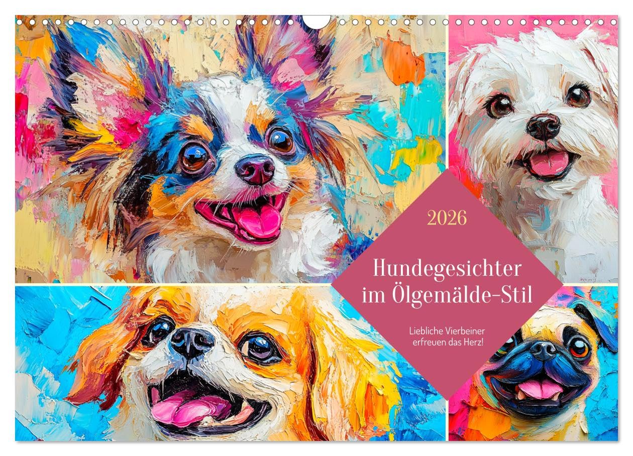 Dog faces in oil painting style. Lovely four-legged friends delight the heart! UK-Version (Wall Calendar 2026 DIN A3 Landscape), CALVENDO 12 Month Wall Calendar โ image 1