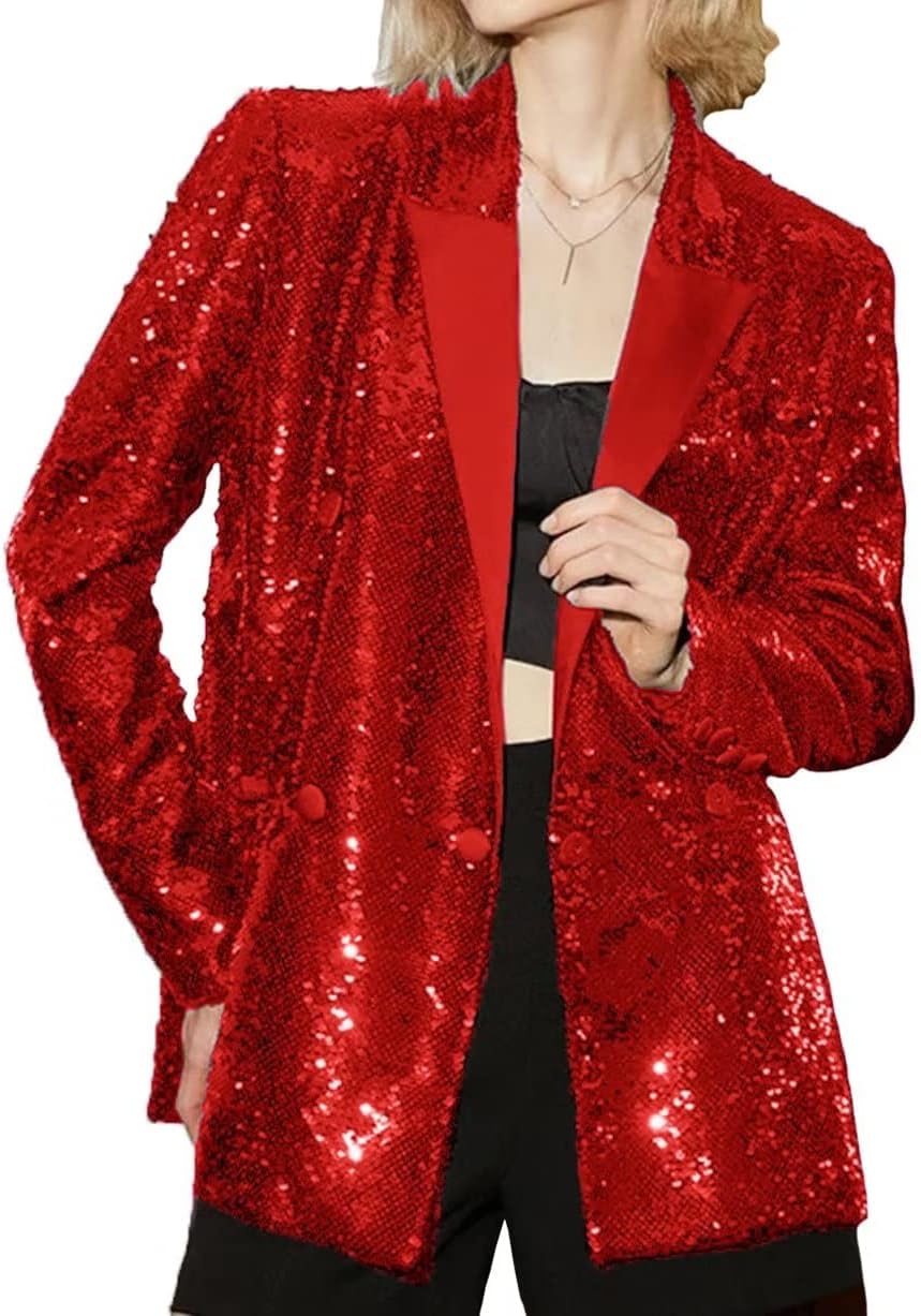 Vintage Sequins Loose 90's Blazer for Women Black Long Sleeve Notched Casual Jacker Coat