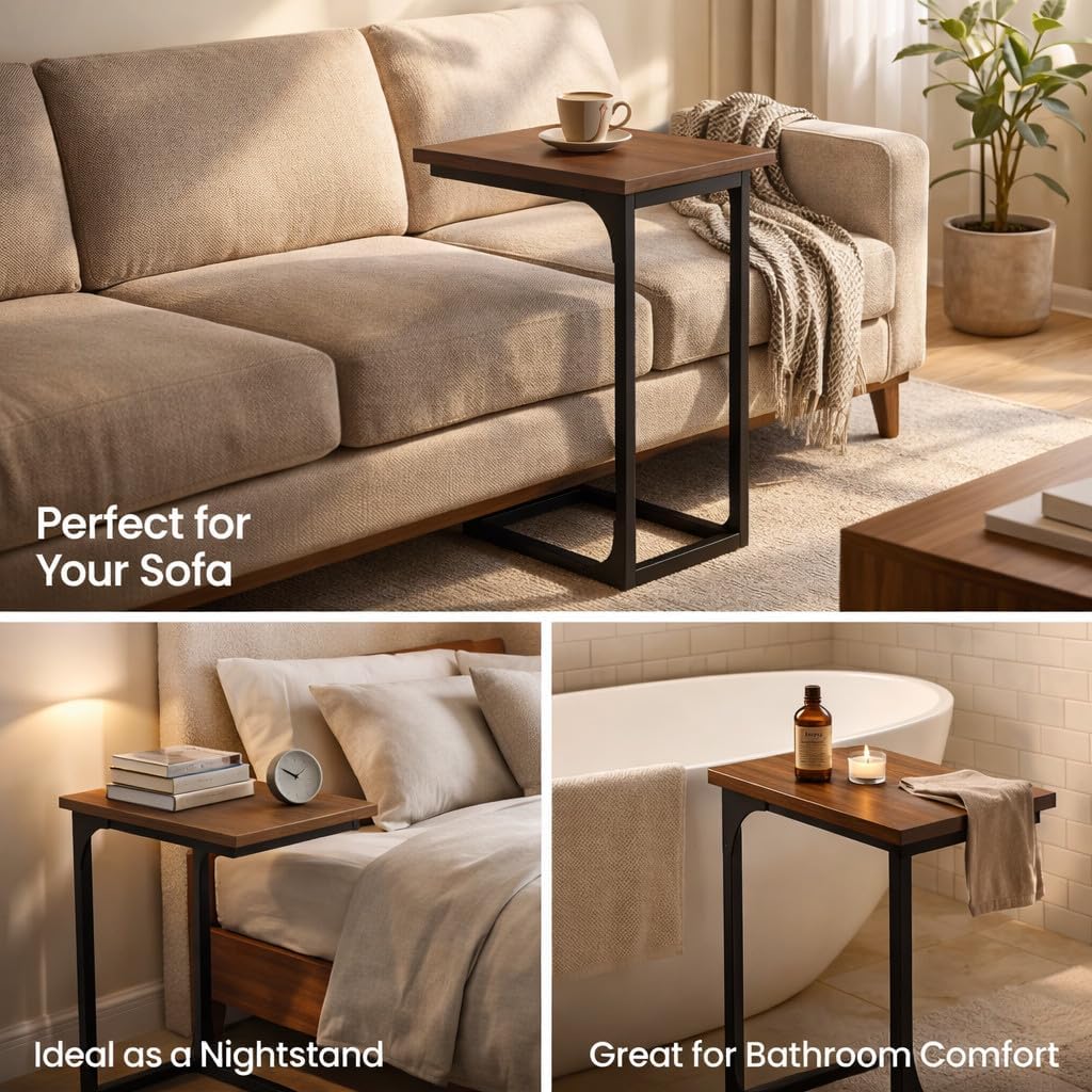 TEMI C Shaped End Table for Couch - Small Side Table and TV Tray for Eating or Laptop, Accent Desk for Chair or Sofa, Easy Assembly, Space-Saving Design for Living Room or Bedroom,Rustic Walnut