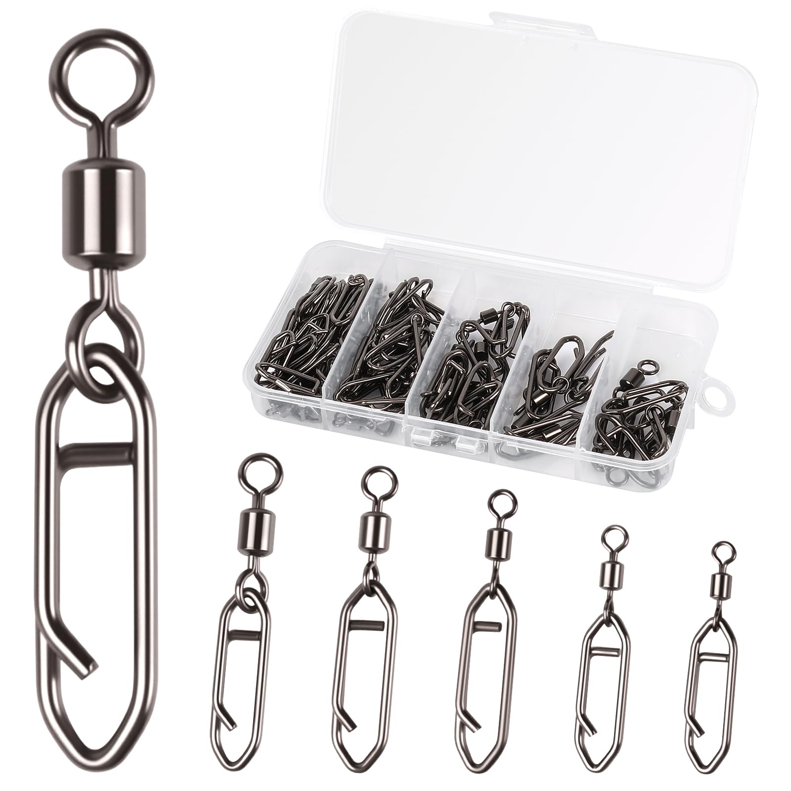 Seconero 55 Pcs Snap Swivels Fishing Speed Clips for Quick Change, High Strength Fishing Swivels, Ball Bearing Snap Swivels with Stainless Steel, Saltwater Freshwater Quick Change Clips, 5 Sizes