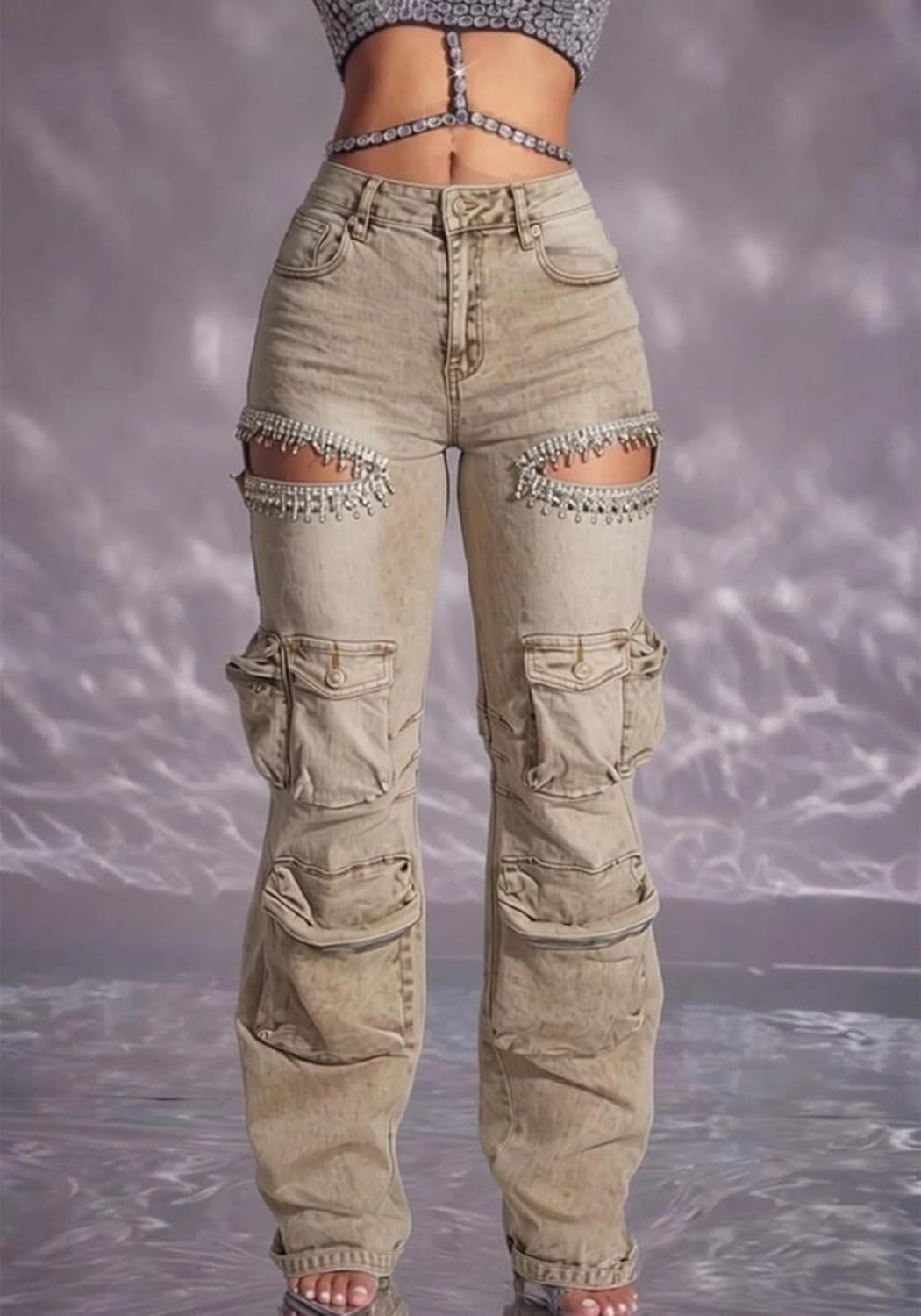 Unybwonn Women Rhinestone Cargo Jeans High Waisted Baggy Sexy Sparkly Cut Out Ripped Distressed Stretchy Denim Pants