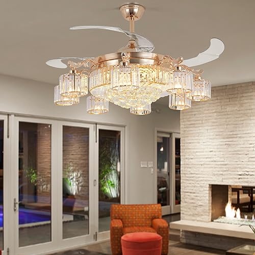 Miniatura 4 de MORE CHANGE Ventilador de techo de cristal de 42 pulgadas con luz y control remoto, ventilador de techo de lujo de oro rosa con aspas retráctiles,