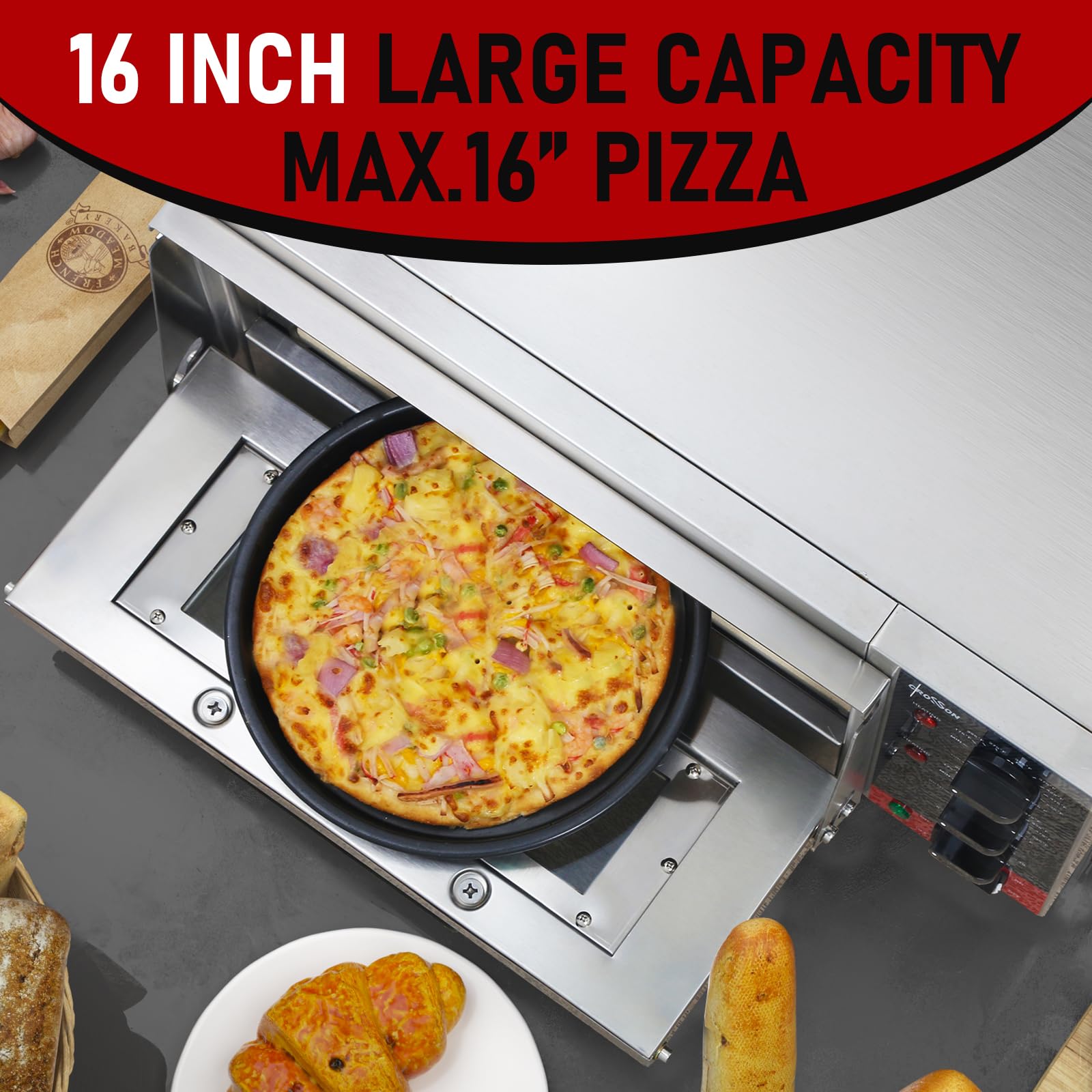 CROSSON Forno Elettrico per Pizza 16 Pollici,Forno Pizza Elettrico Professionale in Acciaio Inox 230V/2000W con Pietra e Maniglia,per Interni Ristorante Cottura Casa Cucina