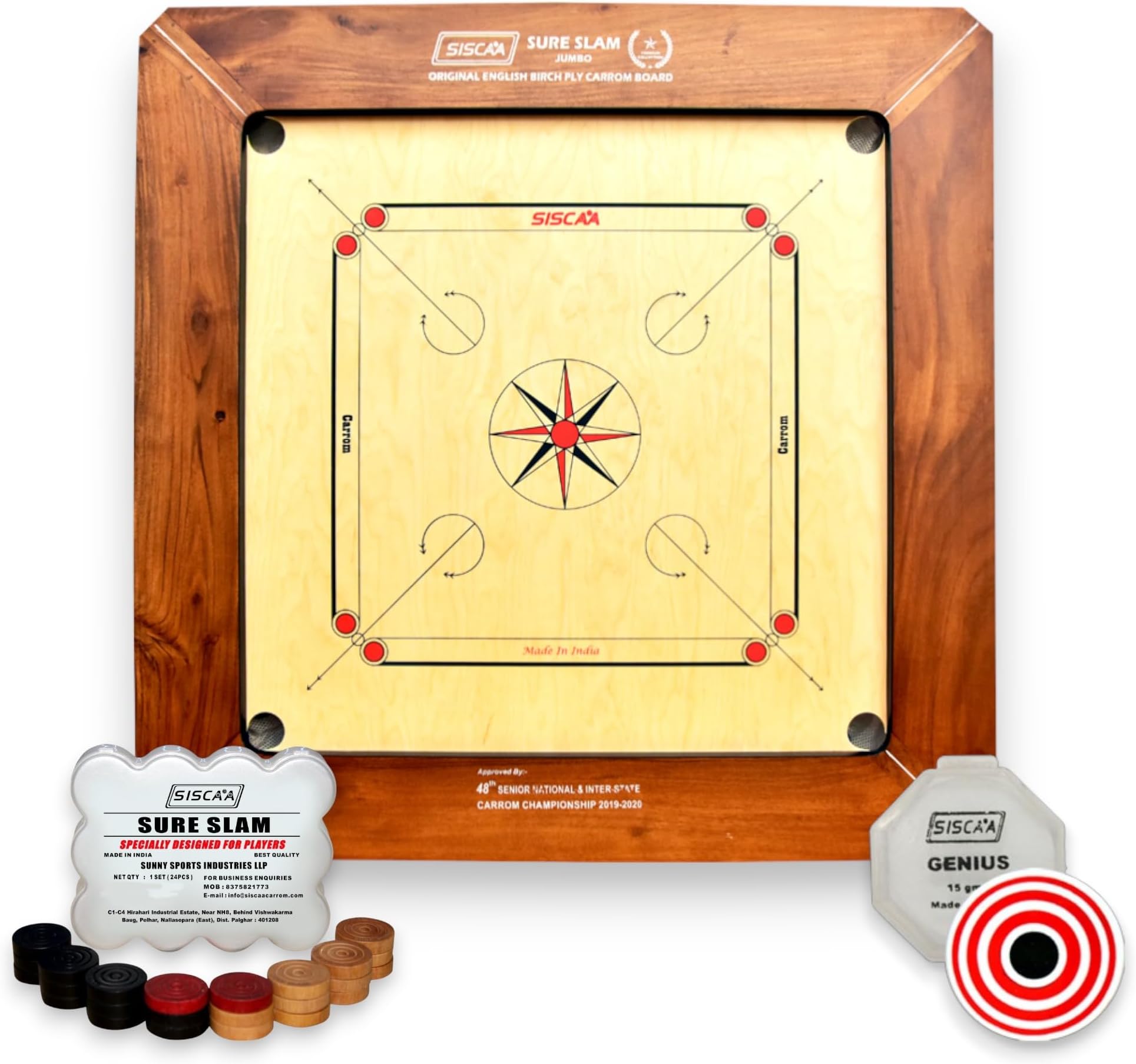 - Siscaa Jumbo Sureslam Carrom Board - Full Size 39 Inch - Premium English Birch Ply 29x29 Inch - Includes Sure Slam Coin, Genius Striker, Top Cover, 30gm Powder