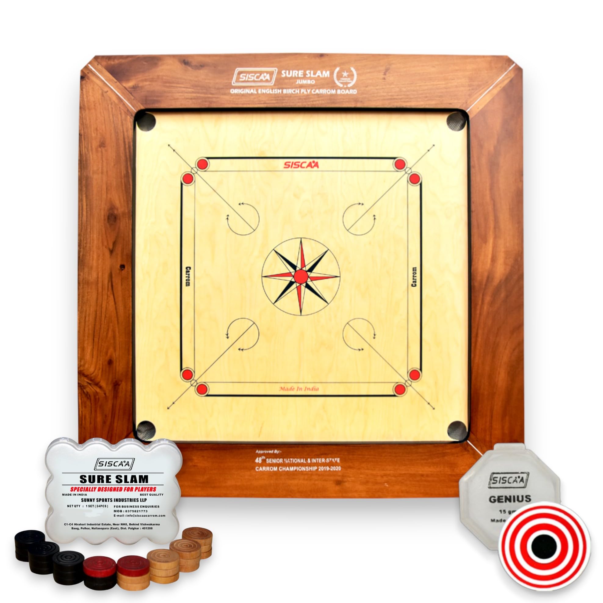 Sportz Saga Siscaa Jumbo Sureslam Carrom Board - Full Size 39 Inch - Premium English Birch Ply 29x29 Inch - Includes Sure Slam Coin, Genius Striker, Top Cover, 30gm Powder