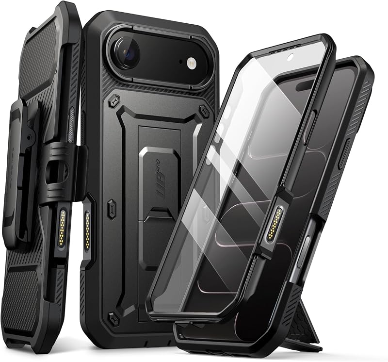 SUPCASE para iPhone Air Funda con soporte y protector de pantalla, negro | Botón de control de cámara incorporado, clip para cinturón desmontable, protección de grado militar, funda para teléfono resistente, Unicorn Beetle Pro