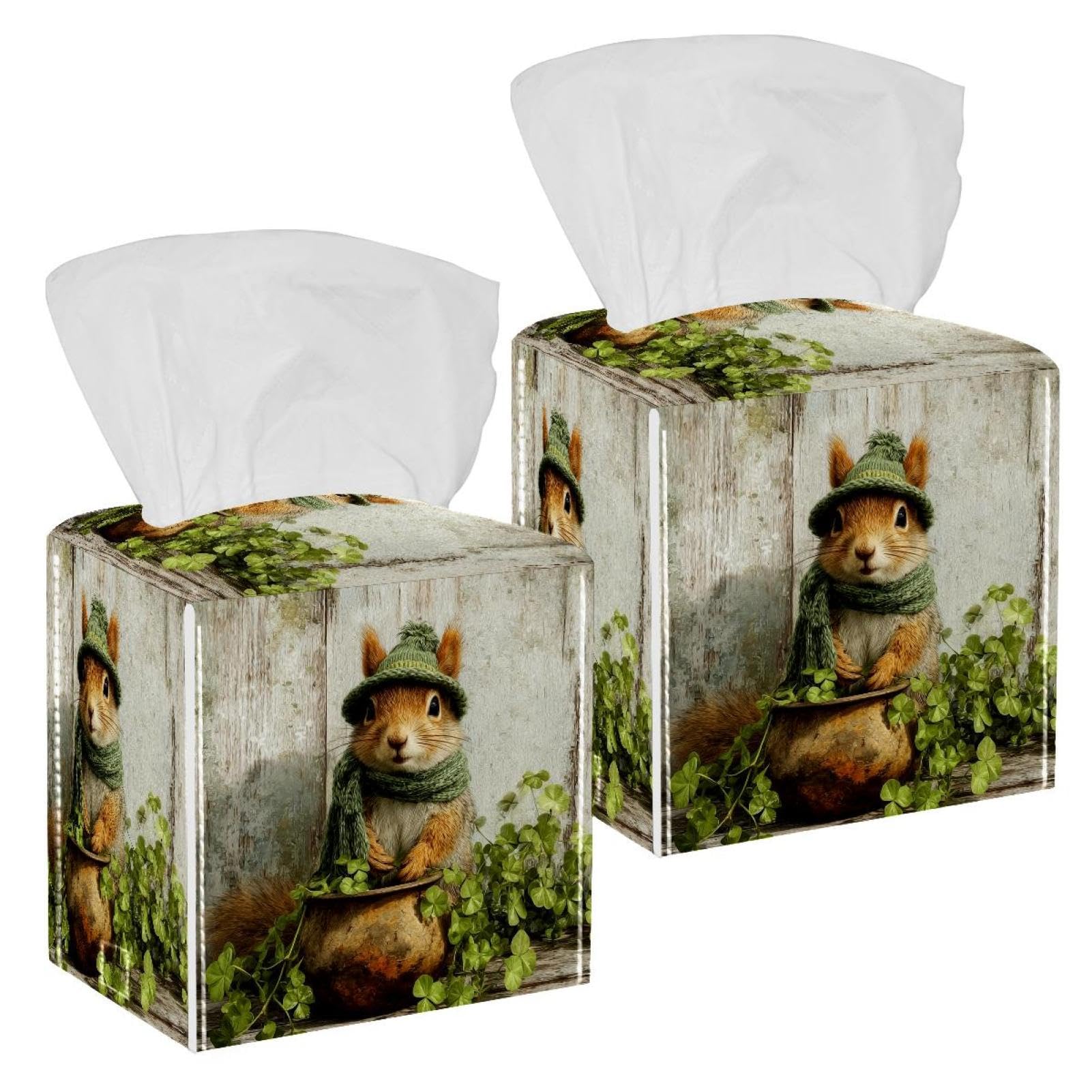 Clover and Squirrel Tissue Box Cover, 2 Pack PU Leather Square Facial Tissue Dispenser Box holder for Home Office Car