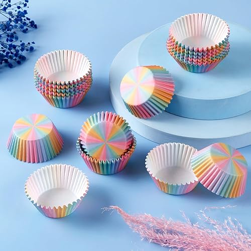 Miniatura 4 de 300 forros para cupcakes de arcoíris, tamaño estándar, a rayas, pastel, para magdalenas, vasos de papel, coloridos envoltorios para cupcakes para