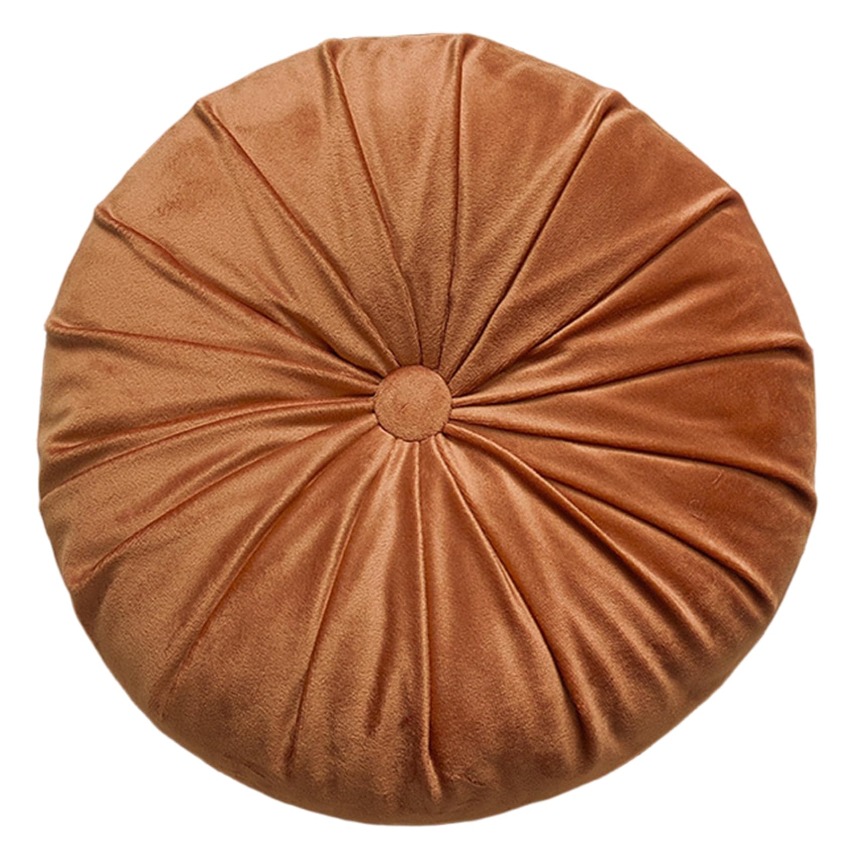 Syglawnd Round Velvet Throw Pillow, Round Throw Pillow 14 Inch Vintage Pleated Velvet with Center Button for Sofa Couch Chair Bed Bedroom Living Room Orange