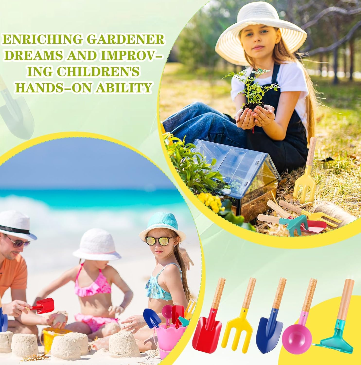 LATERN 10 Pezzi Attrezzi da Giardinaggio per Bambini, 20CM Giocattolo da Spiaggia Metallo Cucchiaio Forchetta Cazzuola Rastrello Pala con Manico in Legno per Giardino Terreno Trapianto Spiaggia Scavo