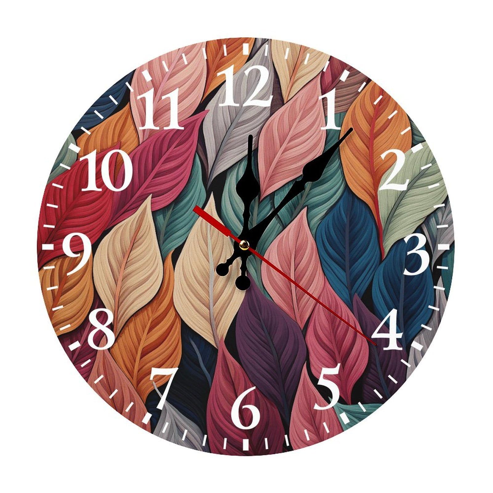 QMNLKH Multicolor Leaves Wall Clock for Home, Battery Operated Clock for Hotel, Round Wall Clock with Arabic Numerals White, Easy to Read, Non-Ticking Clocks for Living Room 25 * 25cm