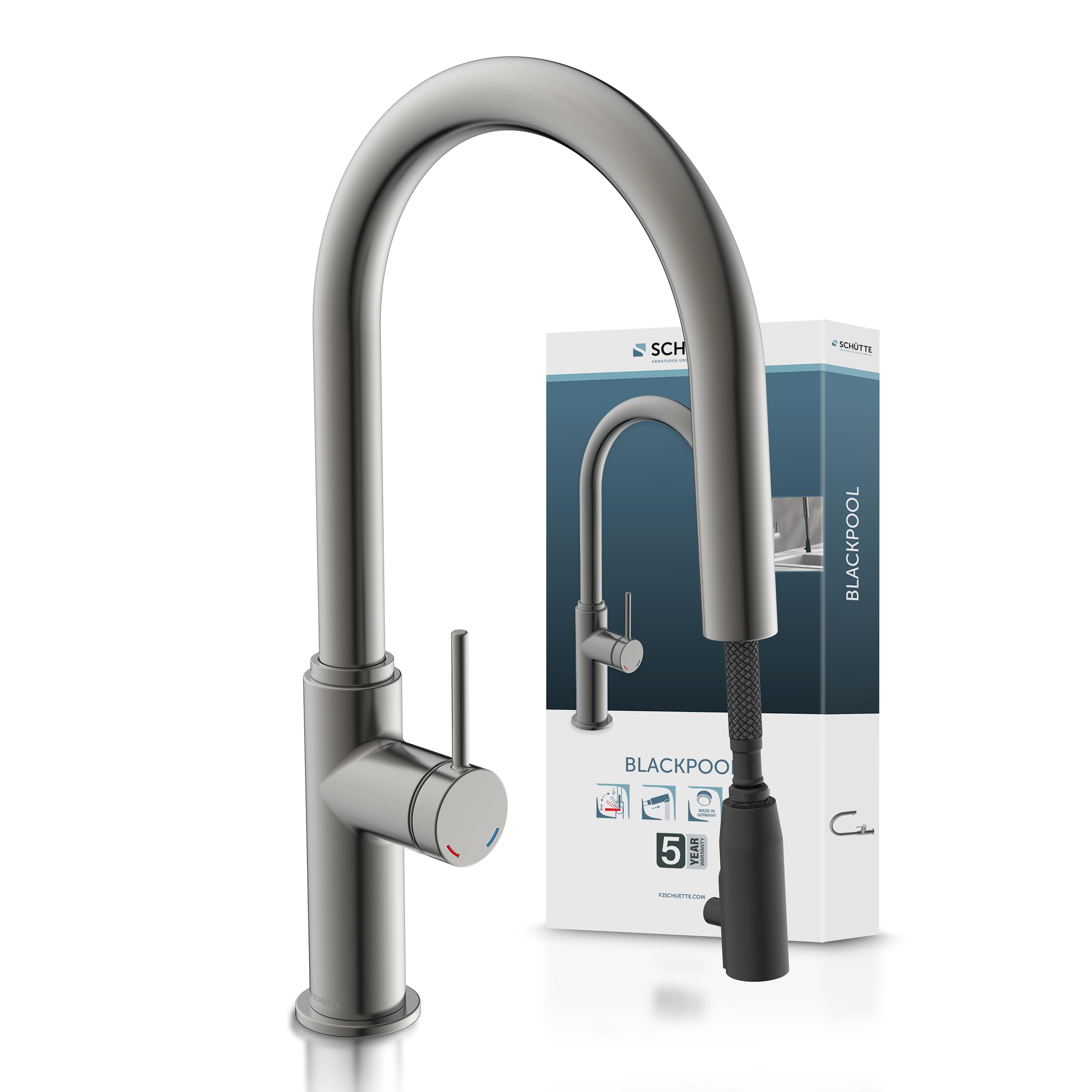 SCHÜTTE 79562 Blackpool Kitchen Tap with Pull-Out Dish Rinser, 360 Degree Tap for Kitchen, Mixer Tap with Single Lever Mixer, Sink Mixer Tap with Extendible Shower in Graphite