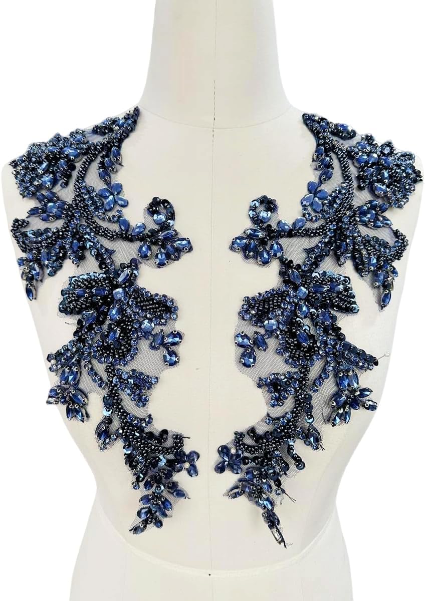 Handmade Shining Rhinestones lace Applique Patches Sewing Beads Sequins Stone Trim Accessories for Wedding Dress one Pair/Bag (Deepblue)