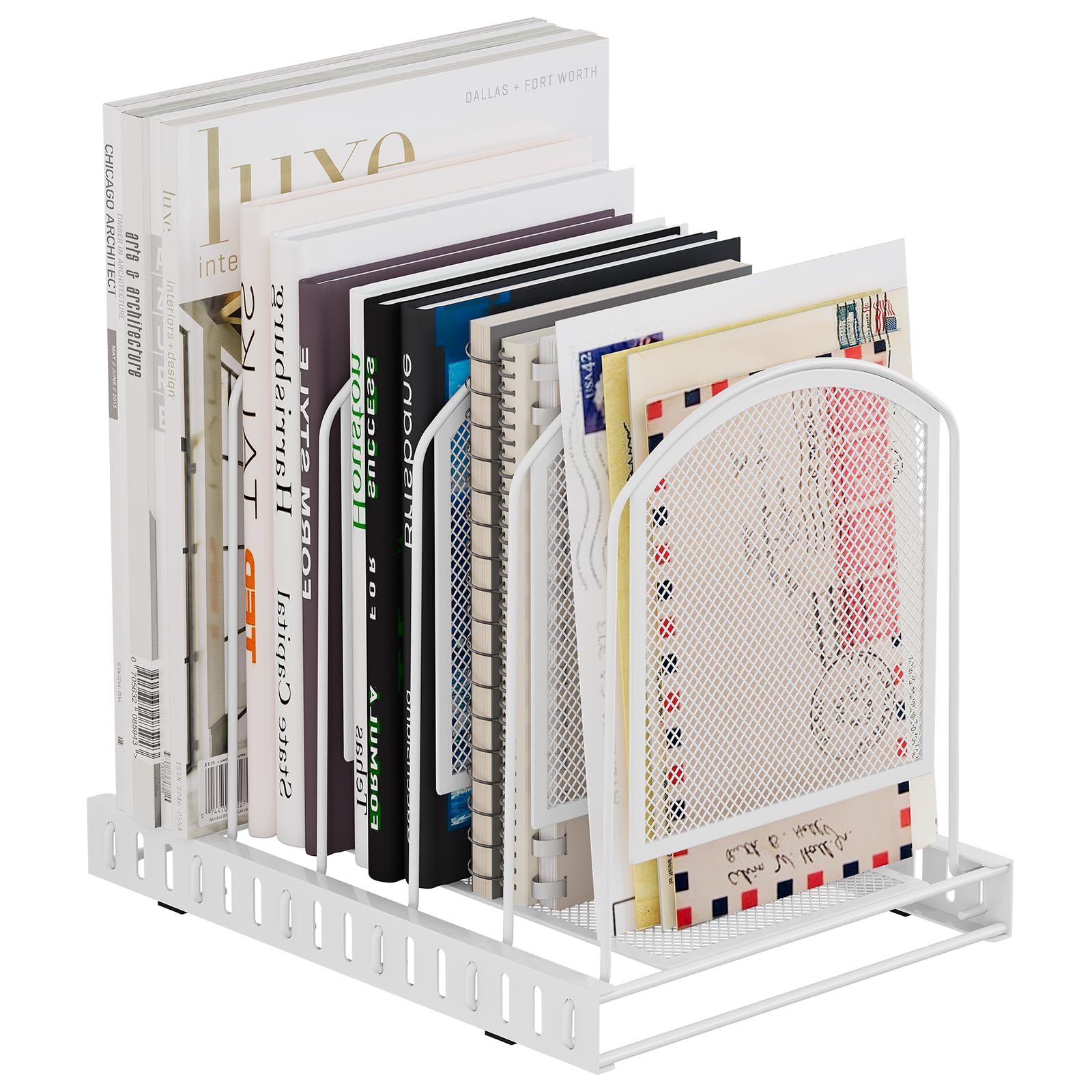 EasyPAG Desktop Metal A4 5 Compartments Magazine Holder,File Sorter,Desk Tidy,Office Document Literature Ring Binder Paper Book Organiser,Filing Rack for Home & School,White