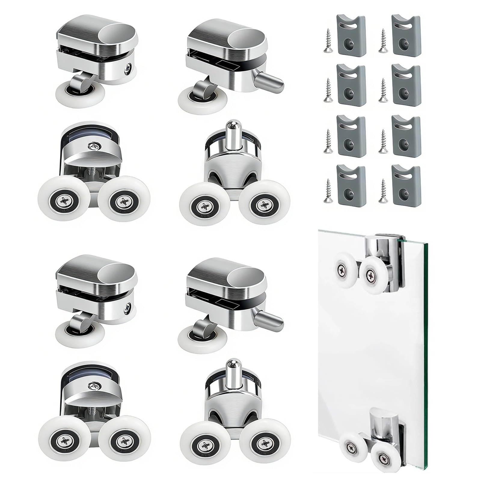 8 Stück Duschtürrollen Ø 25 mm, Robuste Zinklegierung Laufrollen für Schiebetüren Duschkabinen, Leise Rostfrei Ersatzrollen für 4-6 mm Glas Badezimmer, 4 Oben 4 Unten Duschkabinen Ersatzteile