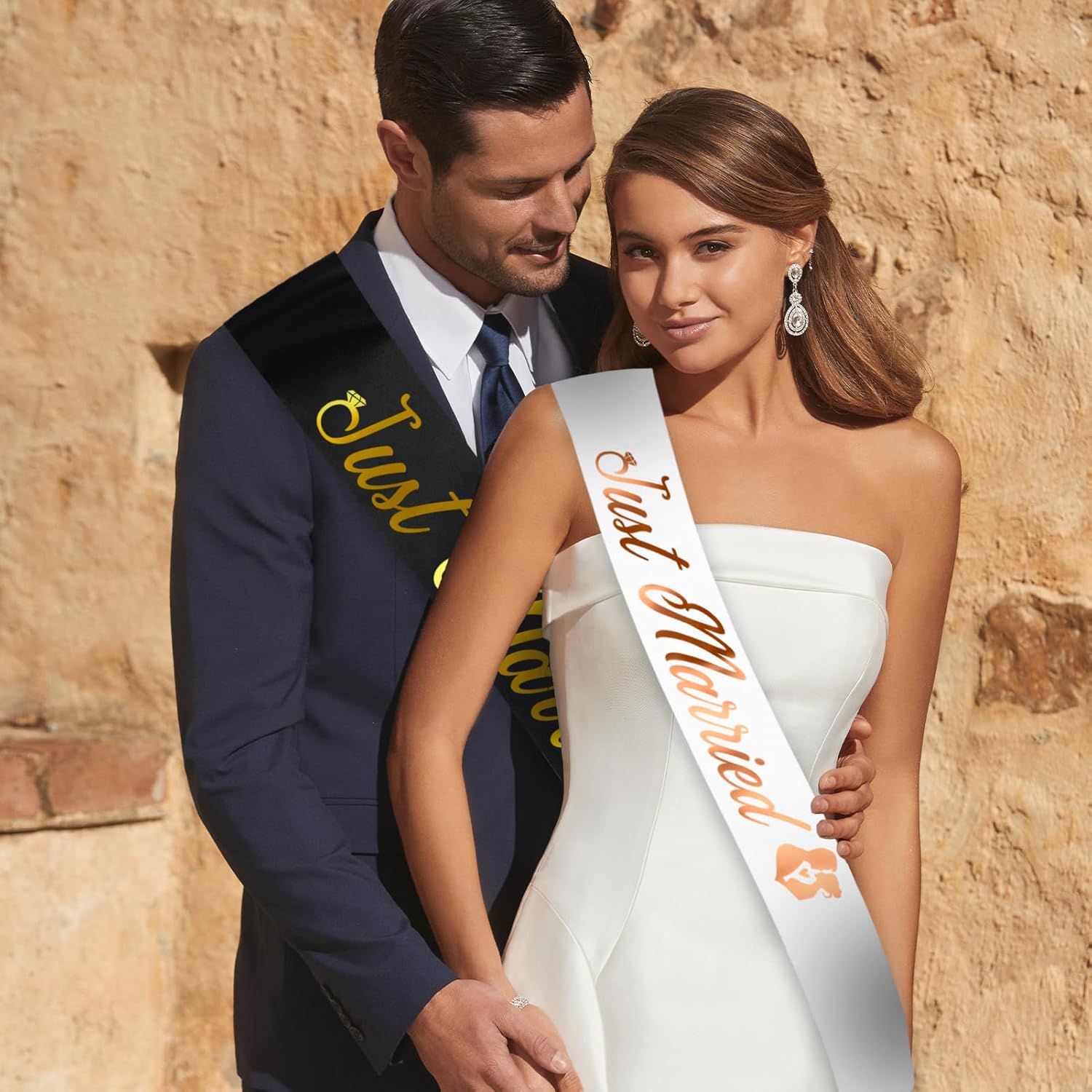 "Just Married - Bride to Be Sash and Groom to Be Sash Kit, 2 Pcs Gold Glitter Bachelorette & Bachelor Party Sashes for Wedding Bridal Shower Decorations Engagement Gifts (Black, White) - Image 5