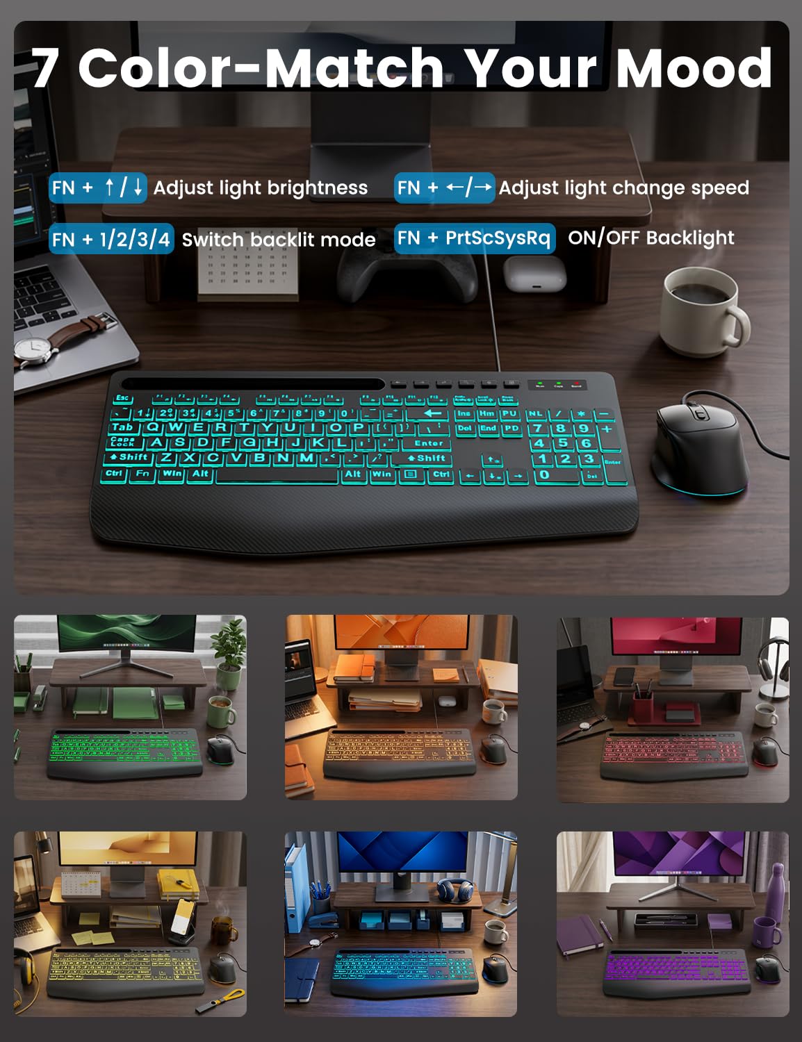 SABLUTE KM21Pro - Tastiera cablata e mouse, tasti retroilluminati con stampa 4 volte più grande, poggiapolsi, design ergonomico, Plug & Play USB per PC portatili Windows, ideale per anziani, studenti