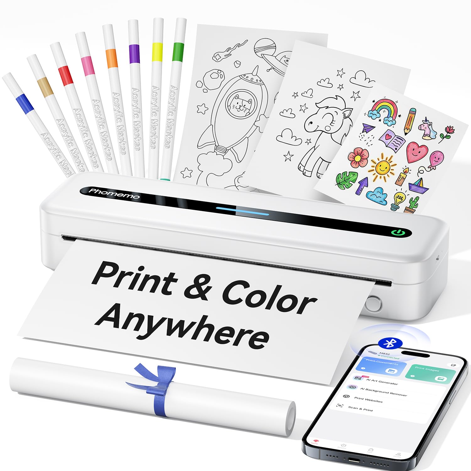 Phomemo Portable Thermal Printer with 8 Colors Marker Pens, M832 Bluetooth Inkless Portable Printers Wireless for Travel, Support 8.5'' x 11'' US Letter & A4 Size, for Kids, School, DIY, Craft-image-7