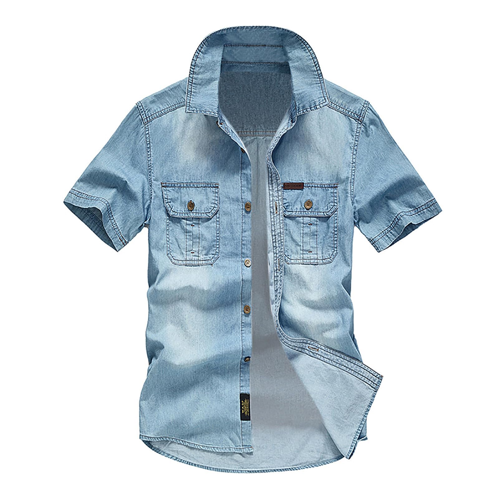 Jeans da uomo, a maniche corte, estiva, in denim, a maniche corte, con bottoni a pressione, per uomo, blu chiaro, grigio scuro, vestibilità normale, look usato, camicia a maniche corte