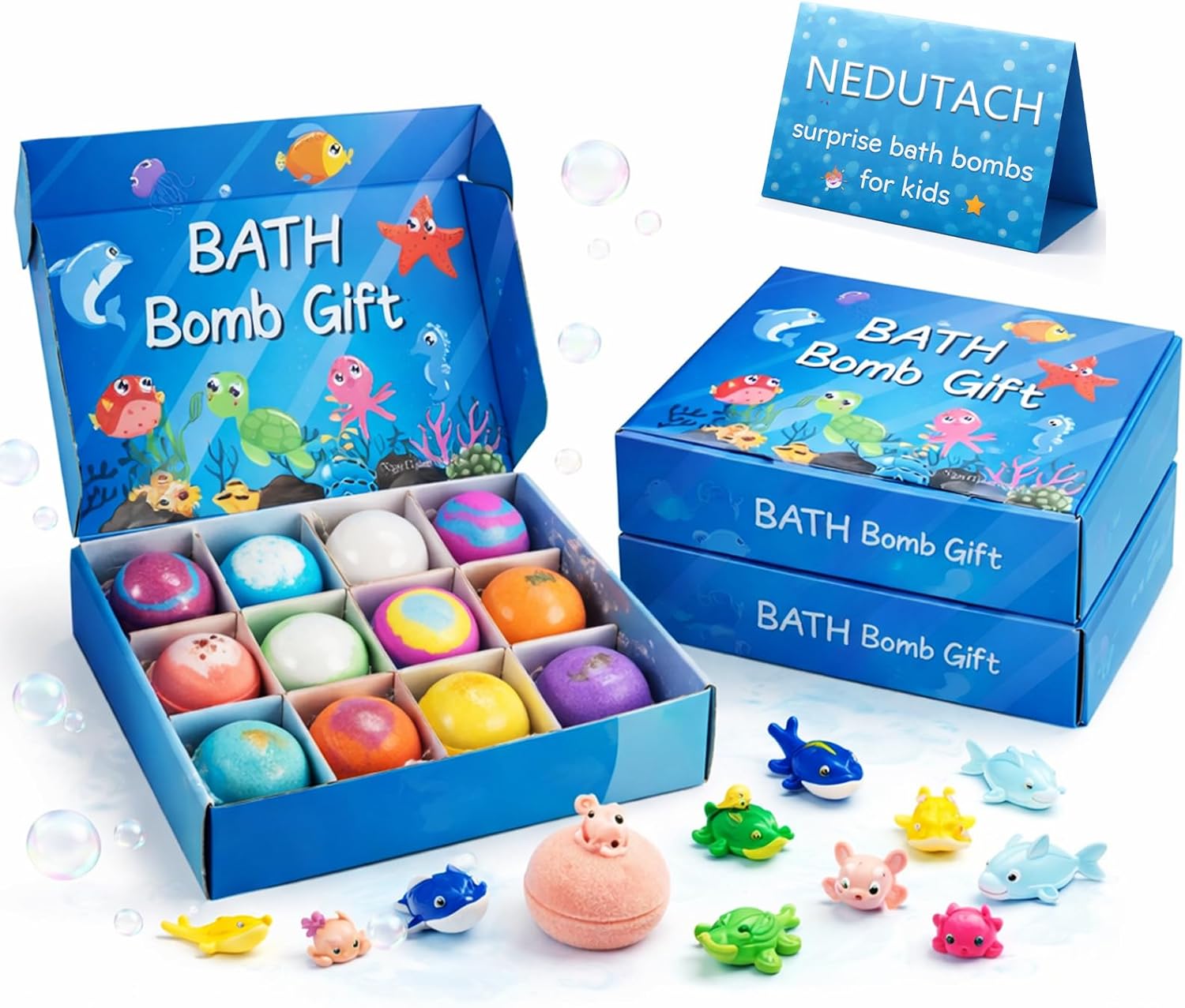 12-Pack Bath Bomb Toys for Kids Summer Time with Surprise Inside Fizzy Easter Bombs Cute Mini Gifts Set Fun Ocean Creature Basket Stuffers Birthday Holiday Present (2set)