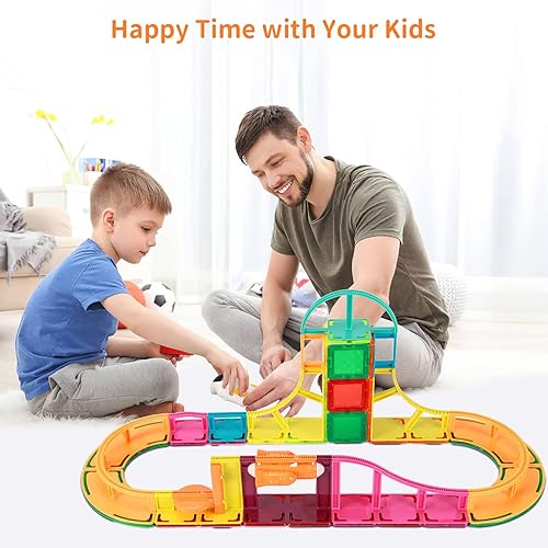 Miniatura 4 de Bloques de construcción magnéticos para niños de 3 a 5 4 a 8 a 12 años, 64 azulejos magnéticos con riel de automóvil, juguetes magnéticos, regalos