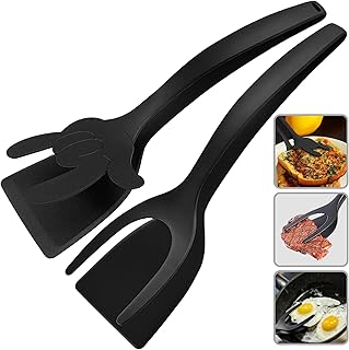 2 in 1 Flipper Spatula with tongs - Nylon Easy Grip Flip Spatula for Hash browns, Burgers, Steaks, French Toast, Omelets, Pancakes - Non-Stick Head, Ergonomic Handle (Black and Black Mickey)