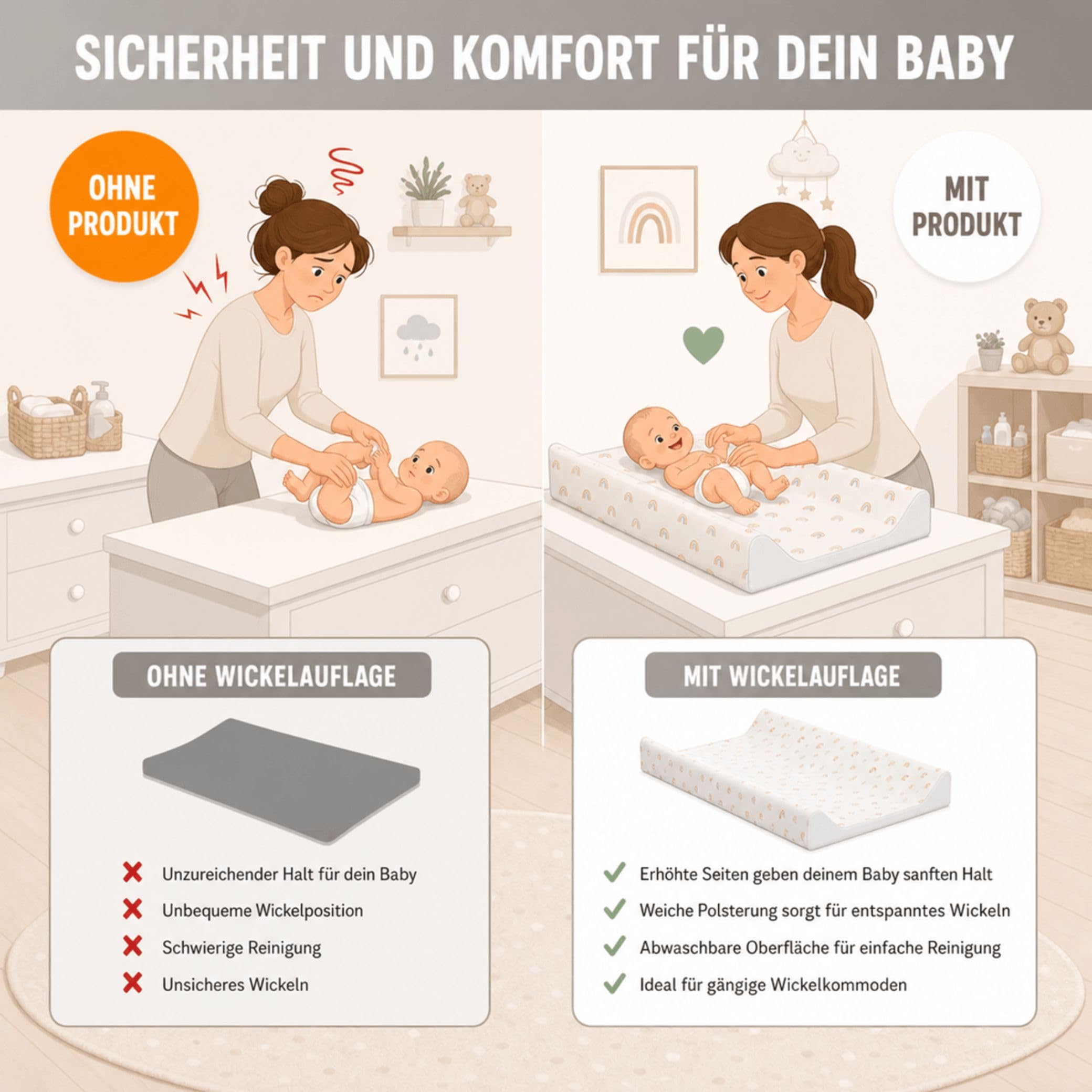 Fillikid Wickelauflage 2-Keil Exklusiv/Wickelmulde 50x65 cm/Wickelunterlage mit abwaschbarer Folienbezug/geeignet für schwedische Kommoden/weiche Thermovliesfüllung/Auflage Wickeltisch