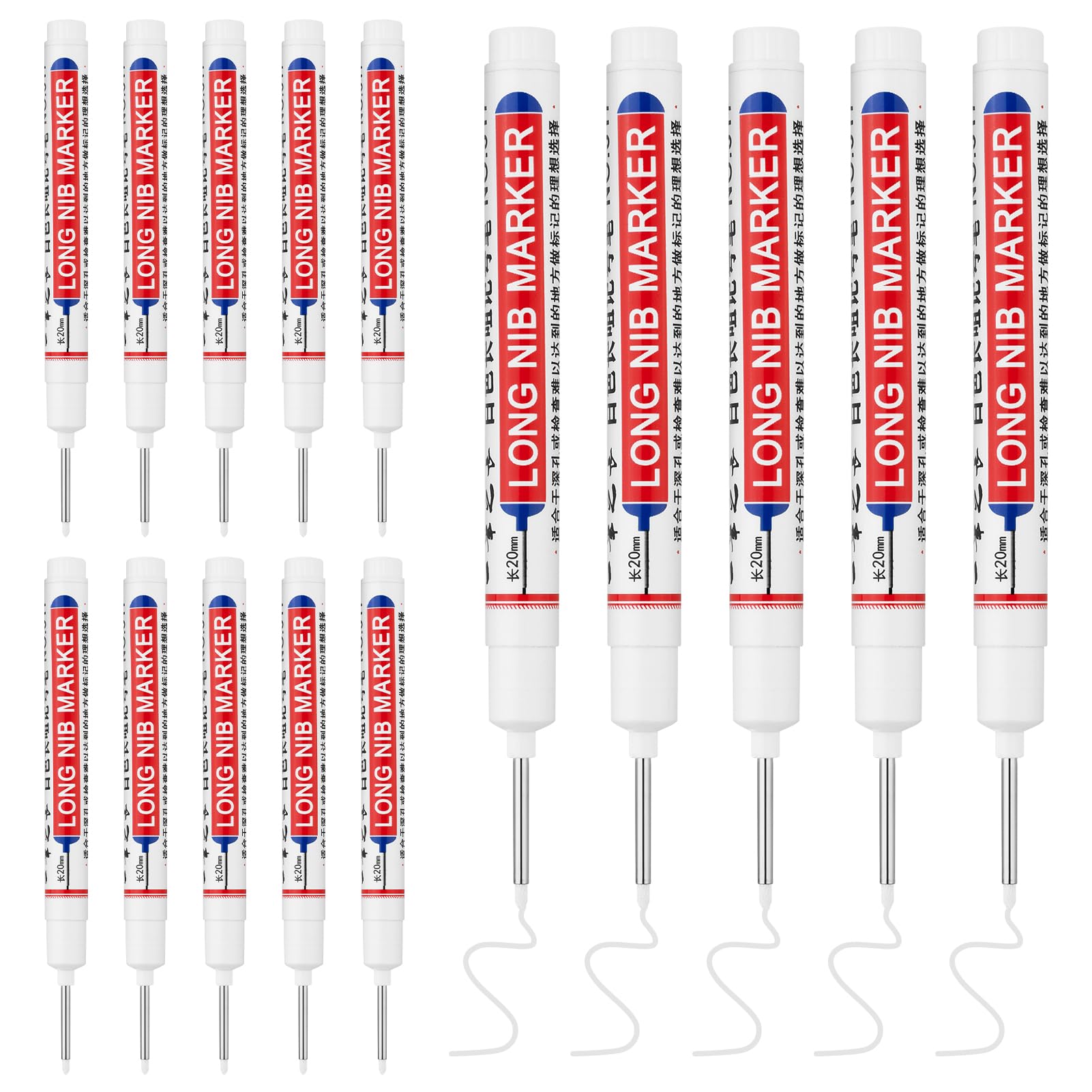 LYXMYGS 15 PCS Long Head Deep Hole Marker Pens,20mm Long Nib Marker,Longs Nose Markers,Waterproof Construction Markers Marking Tool,Permanent Markers Carpenter Ink marker Pens,Metal marking Pens,White