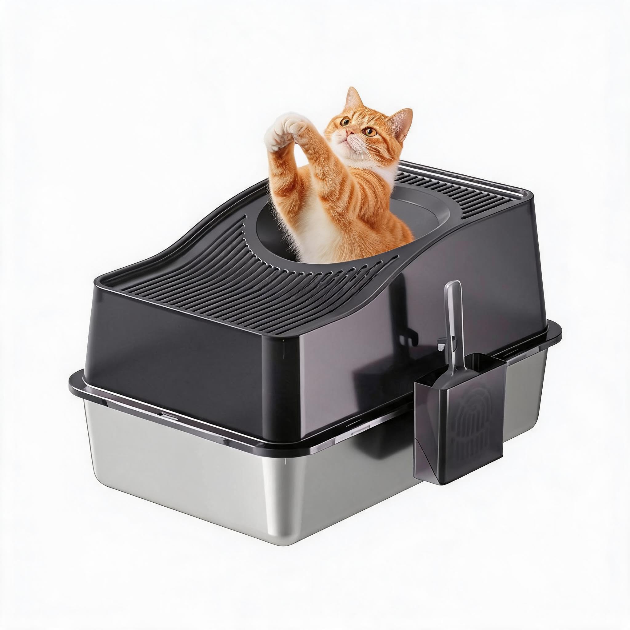 GarveeMore Stainless Steel Cat Litter Tray, Extra Large Cat Litter Tray 60x40x39.5 cm, Enclosed Design with Scoop and Noise Reduction Mat, Easy to Clean, Leak-Proof High Sides