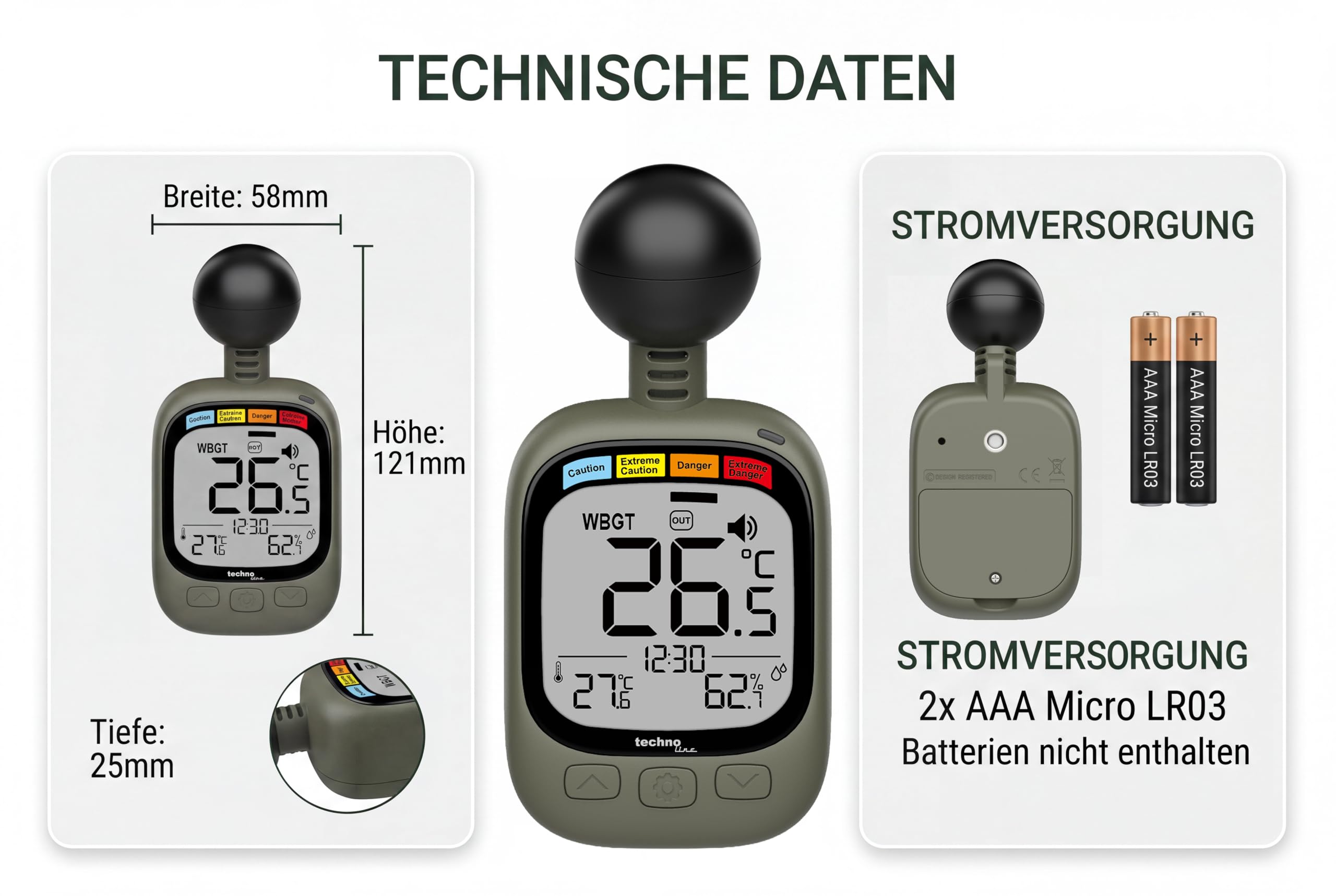 technoline EA 3060 WBGT - Medidor de estrés térmico con indicador de temperatura y humedad | Sistema de alerta WBGT | Interior/Exterior | Función de alarma | Ideal para deportes, trabajo y actividades