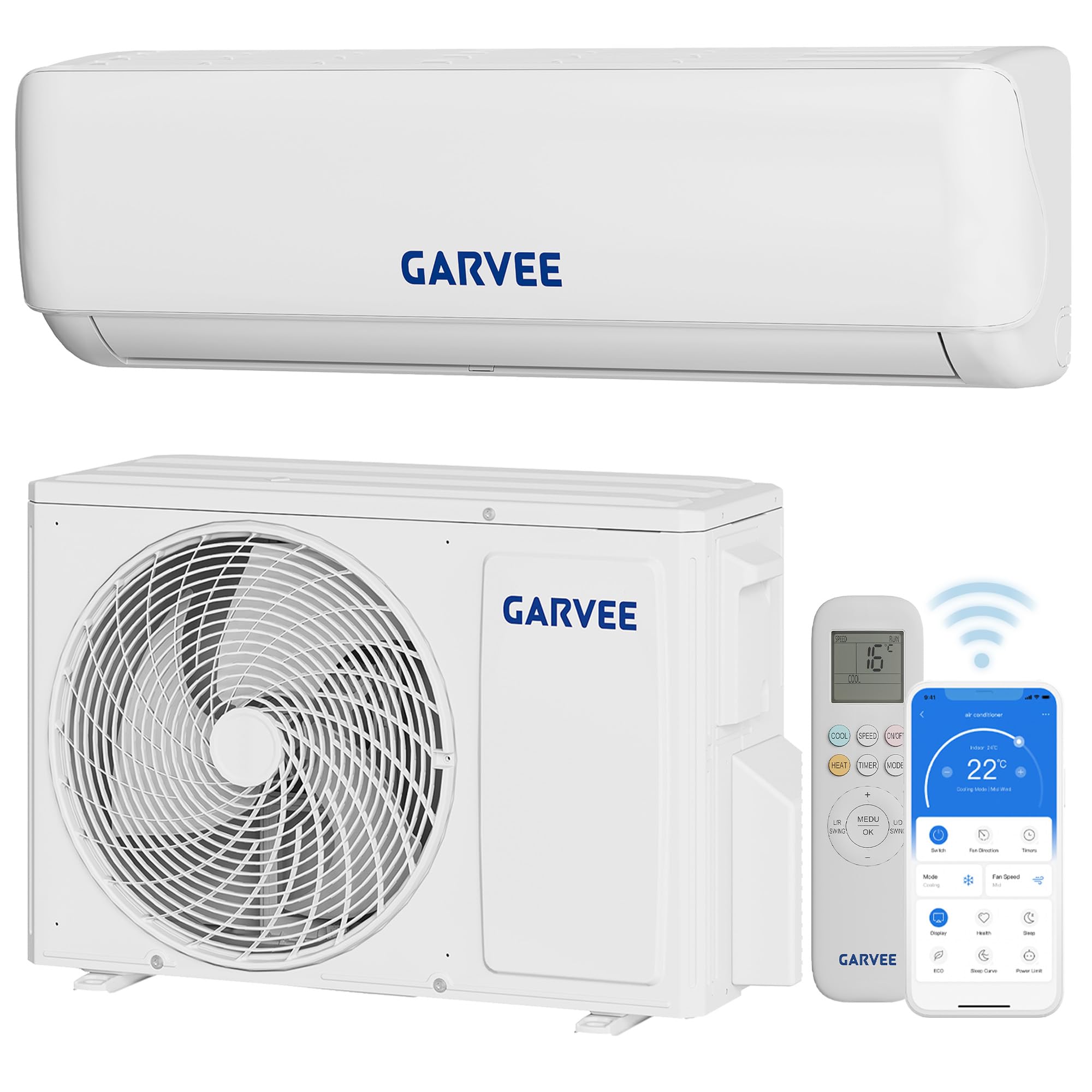 Garvee Aire Acondicionado Split 24000BTU - 7.2KW/24000 frigorías - Aire Acondicionado Pared con Mando a Distancia(WiFi/APP) - 5 Modos - Hasta 35 m² - Motor Inverter - Bomba de Calor - Refrigerante R32