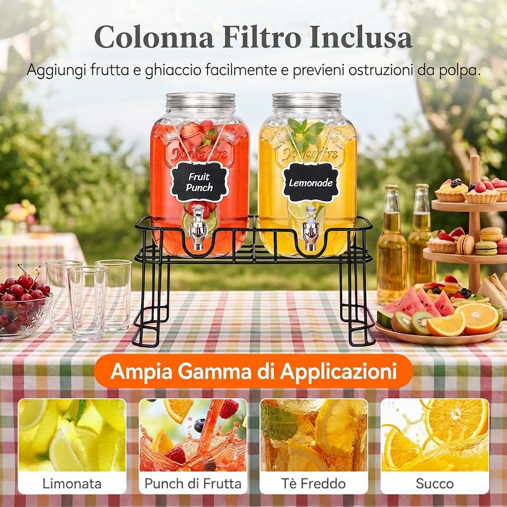 Lifewit 2 dispenser per bevande da 4 l, in vetro con rubinetto e supporto, dispenser per bevande per birra, limonata, tè, acqua, beverage dispenser con rubinetto per feste, eventi a buffet, 39 x 16 cm