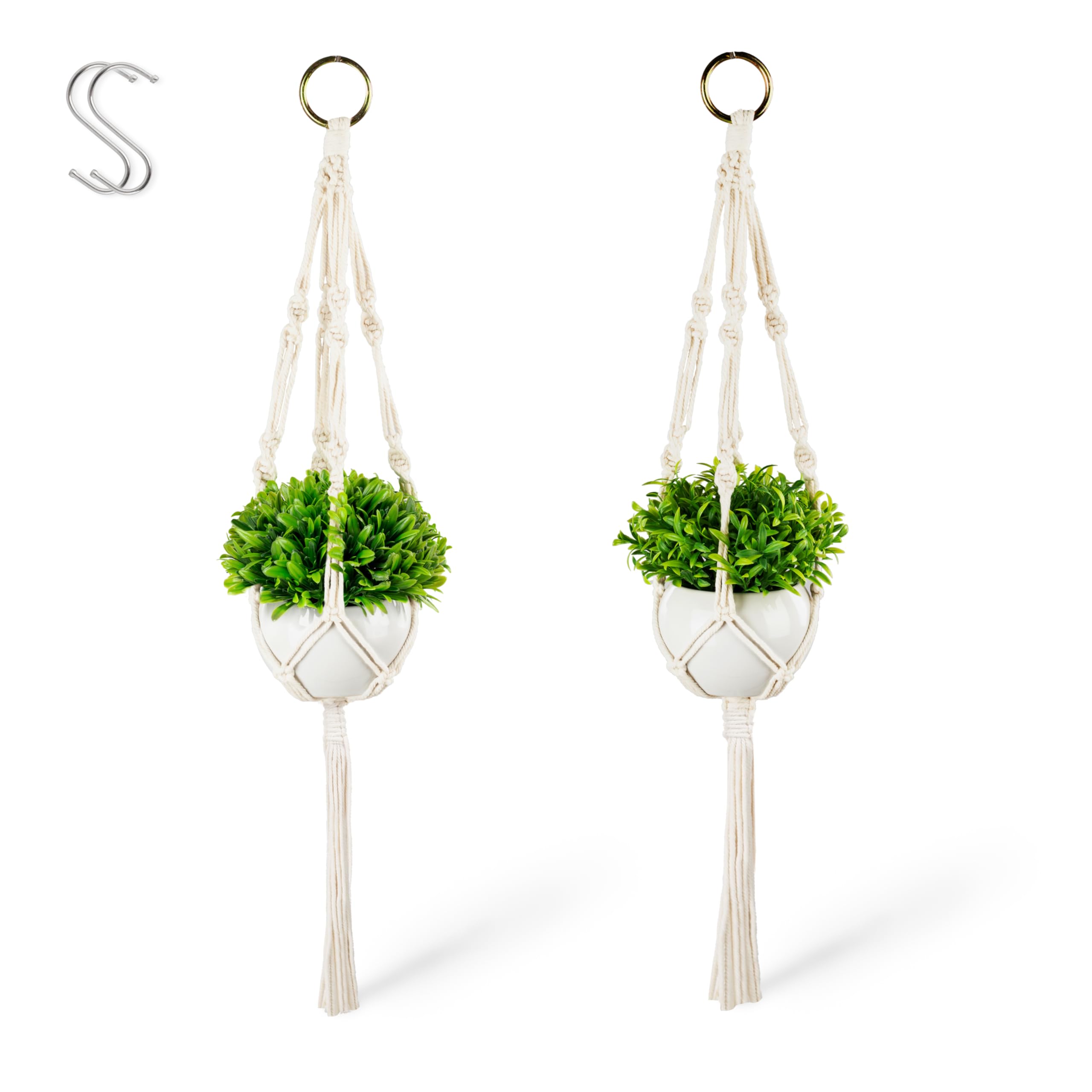PASCH Lot de 2 plantes artificielles avec macramé suspendu et pots en céramique blanche - Plantes artificielles (14 cm) + suspension en macramé (60 cm) - Plantes suspendues artificielles