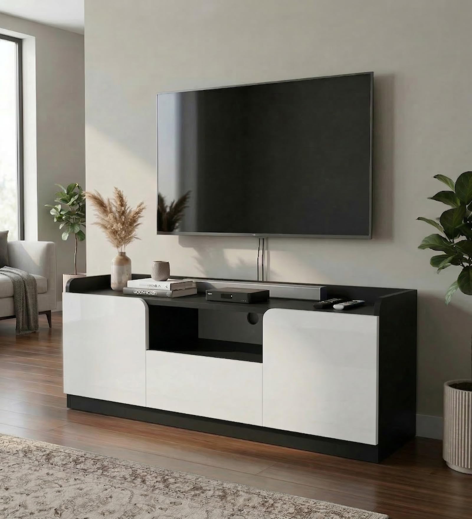 ARKANE TV Unit for Living Room Wooden Cabinet Stand with Storage | Modern TV Table Furniture Console for Hall Entertainment Setup | TV Rack Showcase Panel Shelf (Black & White)-image-21