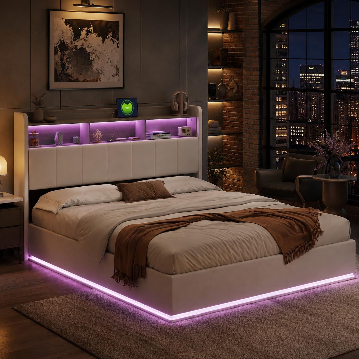 KeepGoon Letto matrimoniale contenitore 160x200 cm, letto imbottito in velluto bianco con rete a doghe, sollevamento idraulico, testiera con vani, LED e USB