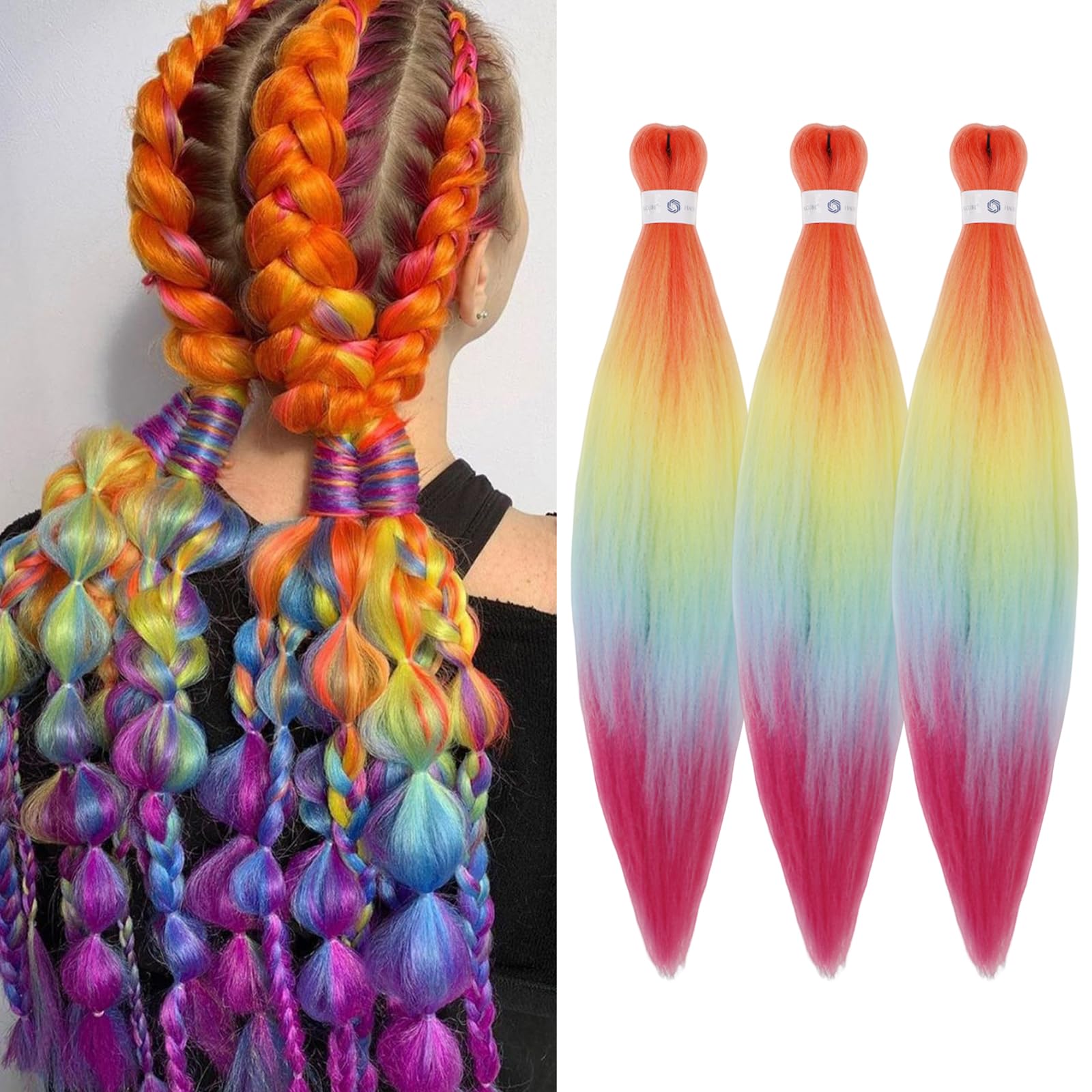 Pre-Stretched Braiding Hair Ombre Rainbow Braiding Hair Extensions 26 Inch 3 packs Hot Water Setting Professional Soft Yaki Synthetic Crochet Braids