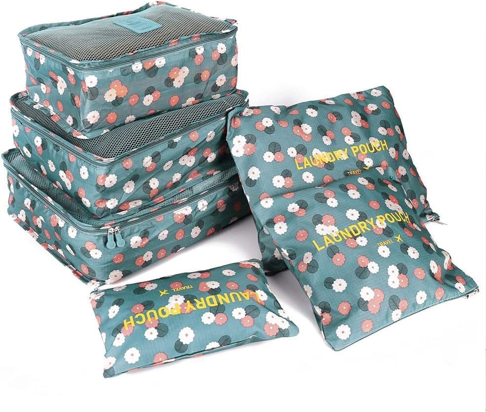 Image of Travel Organizer Pouch Set of 6, Space Saver Packing Cubes for Suitcase, Clothes, Underwear, Socks and Shoes (BLUE FLOWER)