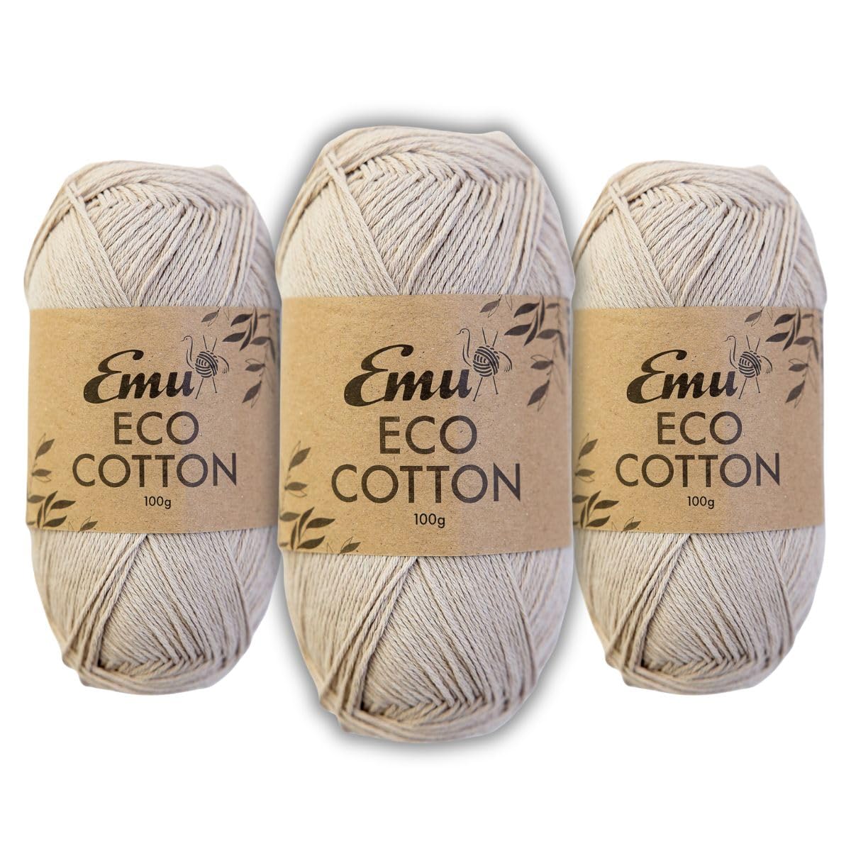 Emu Eco Cotton DK Recycled Yarn 100g Ball 300m, Pack of 3, Sand - 003