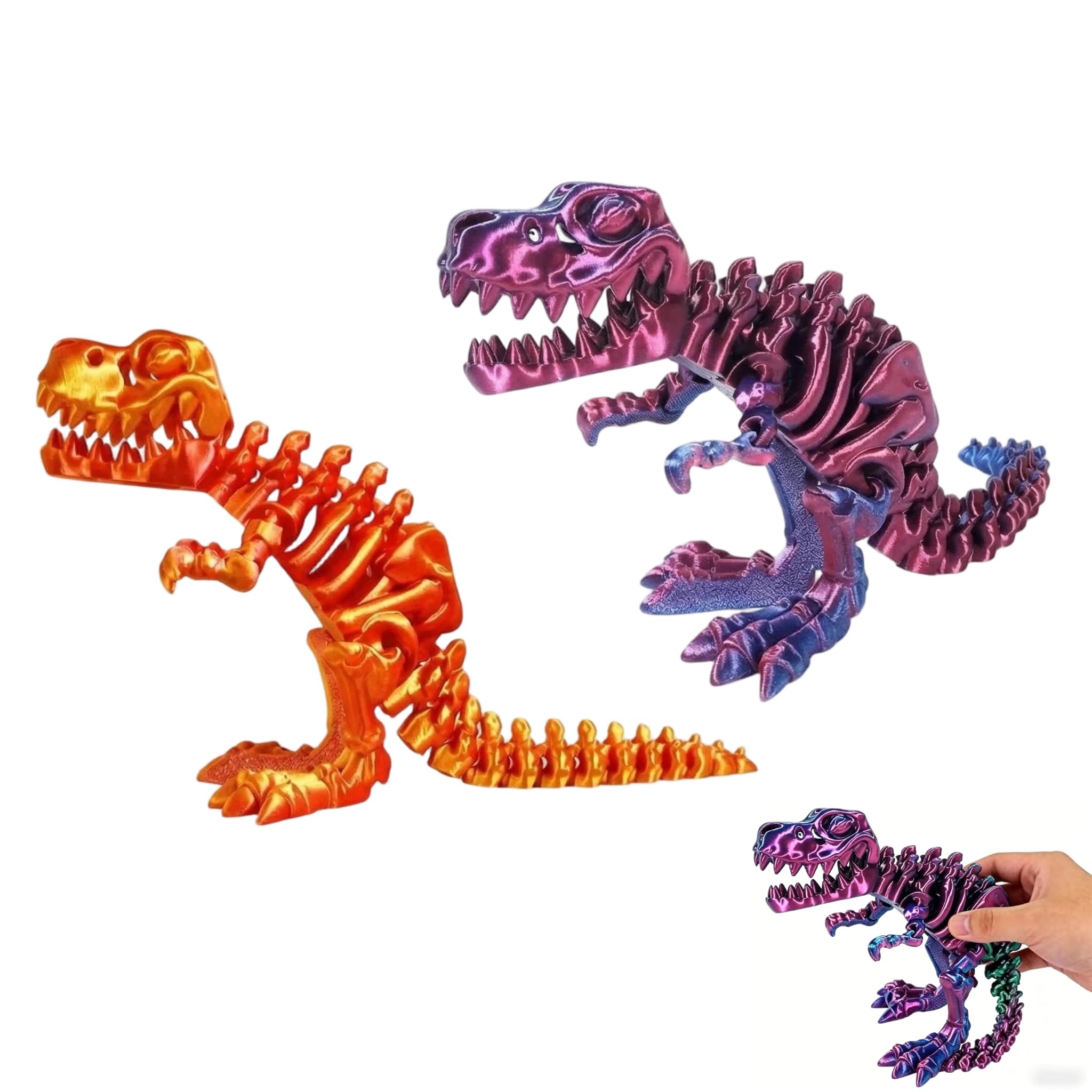 2Pcs 3D Printed Dinosaur Skeleton Toy Articulated Dinosaur Bones Fidget Toy Realistic Flexible Joints 3D Printed Animals Model Desk Decor for Home Office Stress Relief Gift for Kids Adults