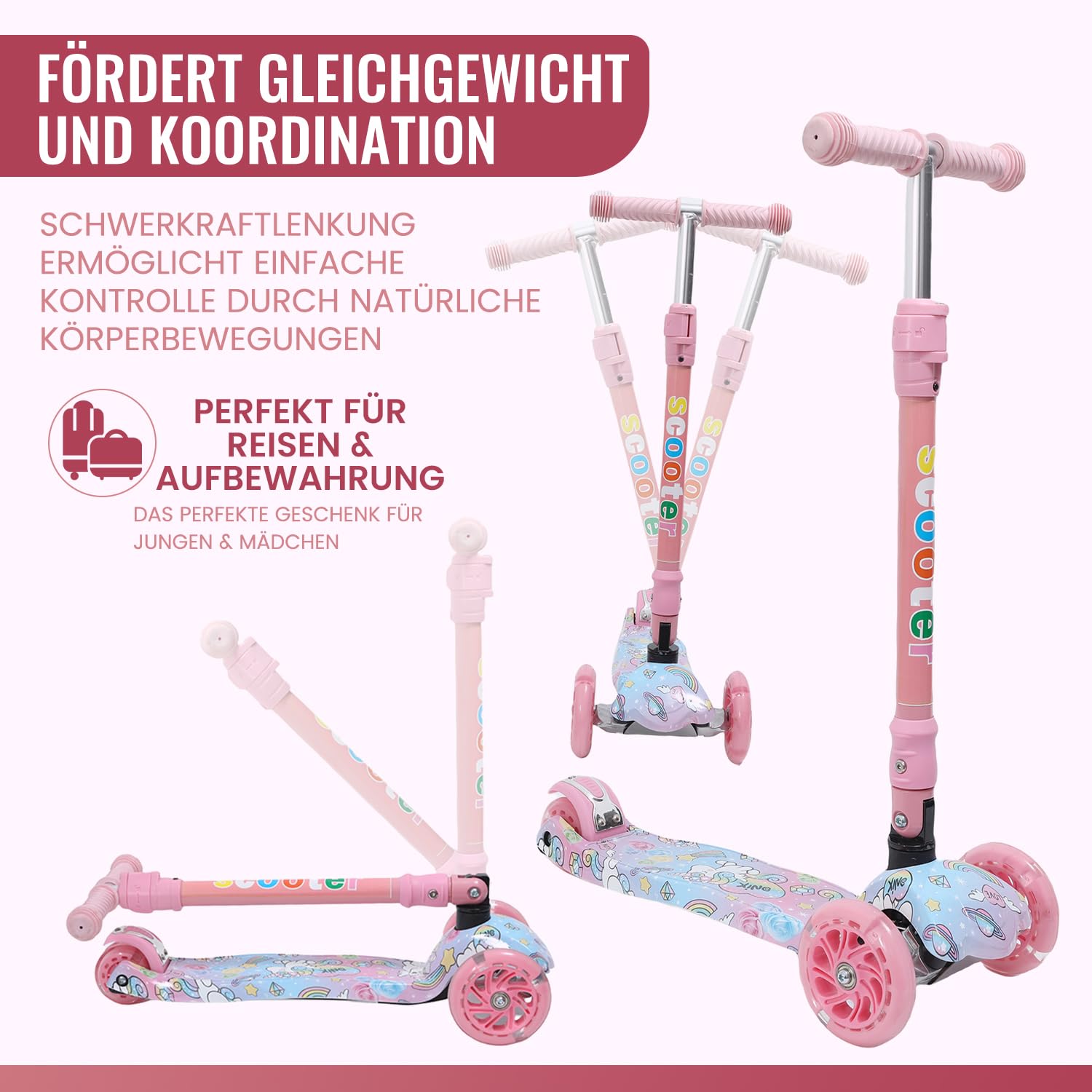 Habib Kinderroller, Tretroller ab 3 Jahre, Faltbar, Höhenverstellbar, LED Leuchträder, Bis 50kg, Für Jungen & Mädchen
