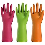 Bamllum 3 Pairs Rubber Cleaning Gloves for Household - Reusable Dishwashing Gloves for Kitchen, Flexible Long-lasting & Waterproof (Medium, Green+Red+Orange)