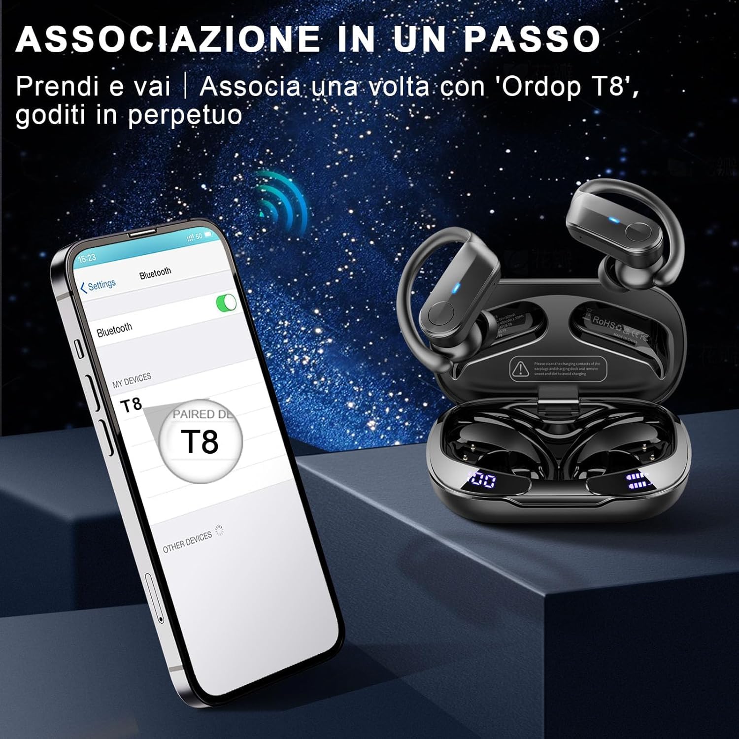 Ordtop Cuffie Bluetooth 5.4 Sport, Auricolari Bluetooth di Alta Qualità | Cuffie Wireless 70 Ore HiFi Stereo,4 ENC Cancellazione Rumore Mic,Impermeabili IPX8,Display a LED,Cuffiette Per Sport Estremi
