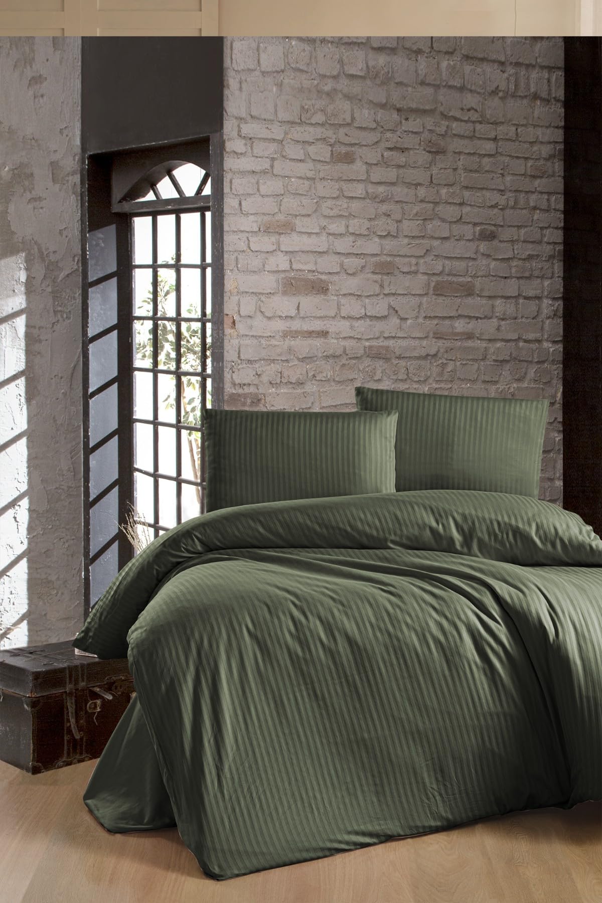 Housse de Couette Coton Satin 200x220 de lit double Stripe Dark Green