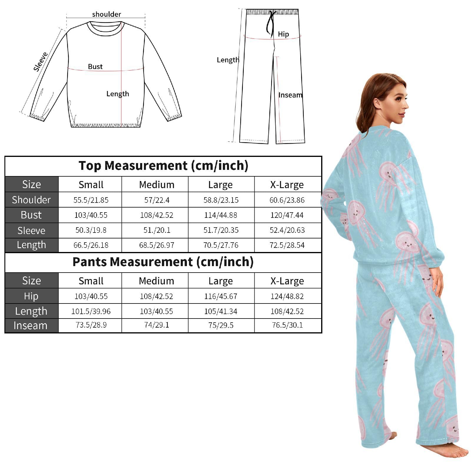 Pigiama da donna in pile a 2 pezzi con meduse blu e pantaloni a maniche lunghe