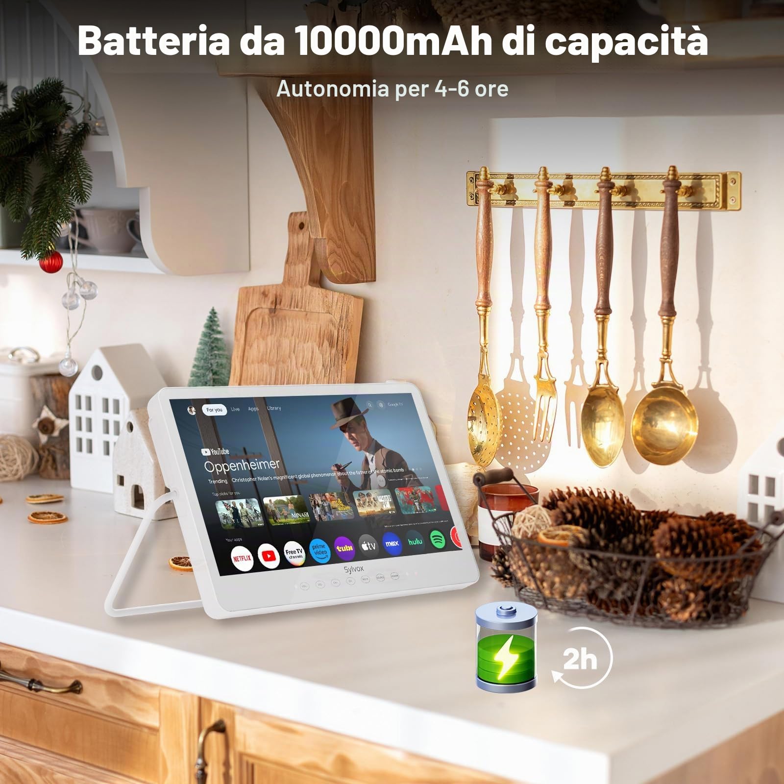 SYLVOX 15.6" Mini TV Portatile, 12V Google TV 1080P, IP66 Impermeabile | TV Regolabile a 360°, Ricaricabile 10000mAn (Lavoro 4-6 Ore), DVB-T2/S2 HEVC 10, WiFi e bluetooth per Camper/Bagni/ Cucine