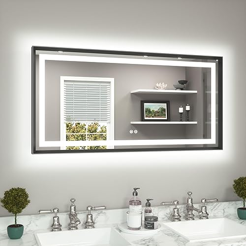 Miniatura 76 de TETOTE Espejo LED de baño de 24 x 32 pulgadas, marco de metal dorado cepillado frontal y retroiluminado, espejo de tocador antiniebla, regulable Oro