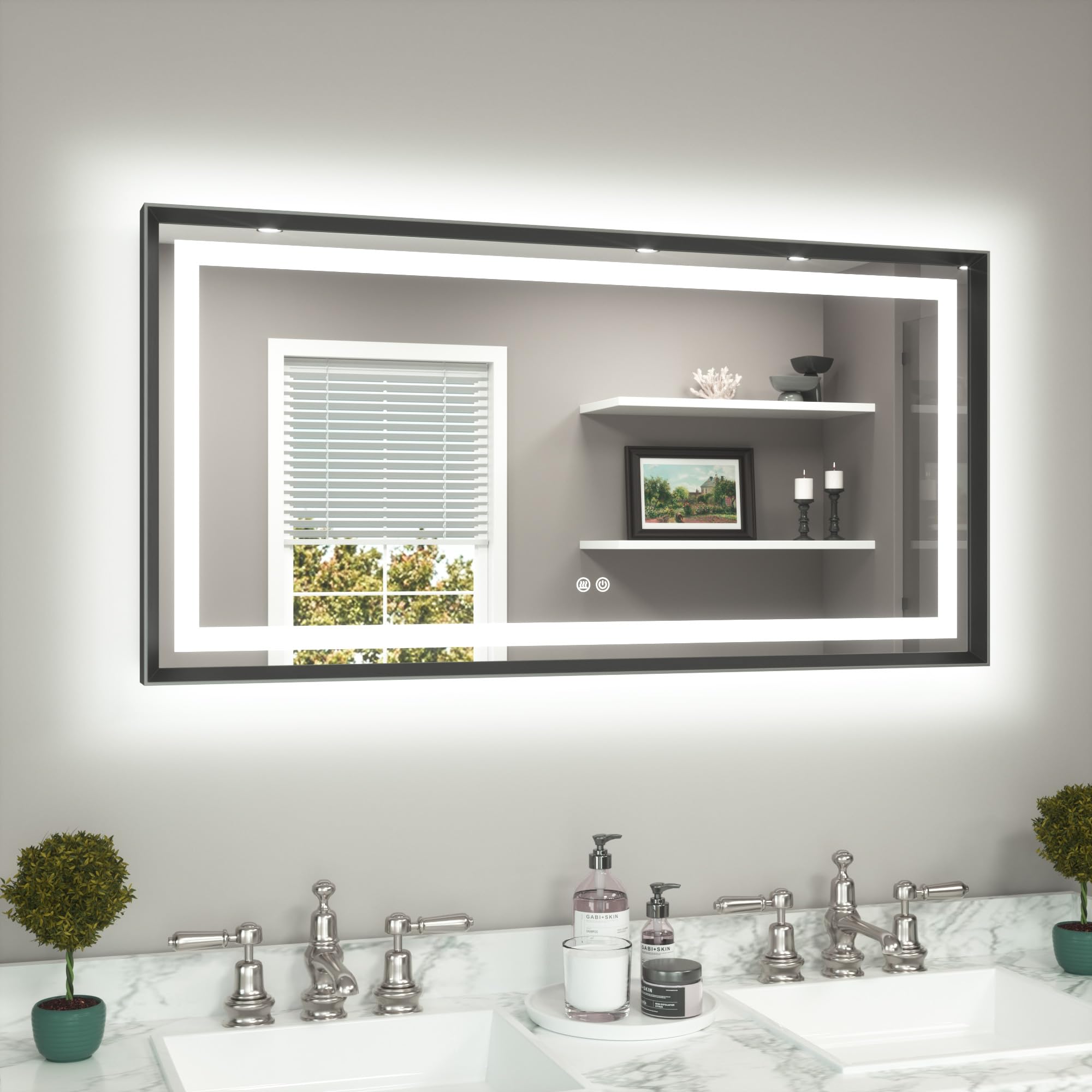 TETOTE 48 x 24 Bathroom LED Mirror Brushed Black Metal Frame Frontlit &amp; Backlit Vanity Mirror Stepless Dimmable Anti-Fog 3 Colors White/Warm/Natural Light up Vanity Mirror Wall-Mounted